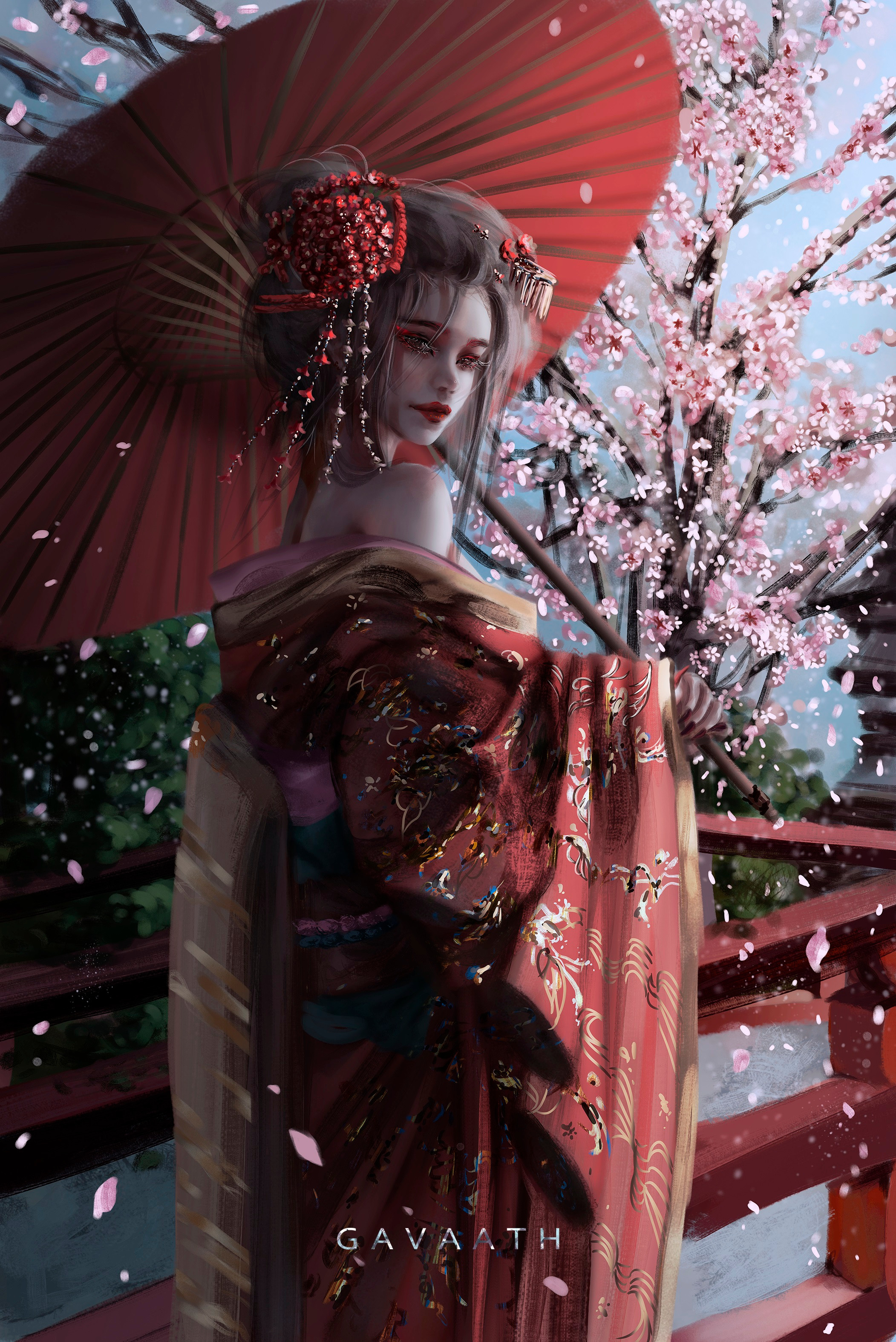 Gavaath Artist Dress Chinese Dress Women Chinese Clothing Leaves Pink Leaves Looking Back Red Umbrel 2103x3149