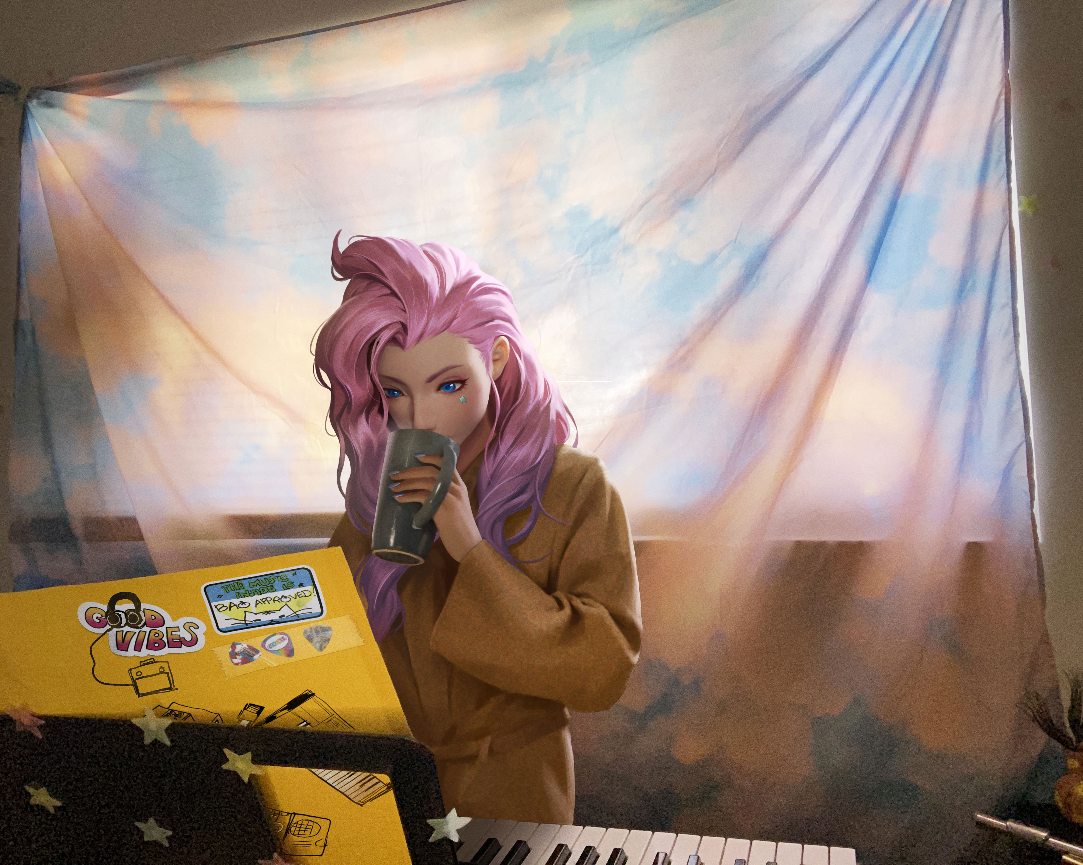 Anime Girls Artwork Piano Coffee Cup Digital Art Digital Painting Pink Hair Fan Art Women Young Woma 3561x2842