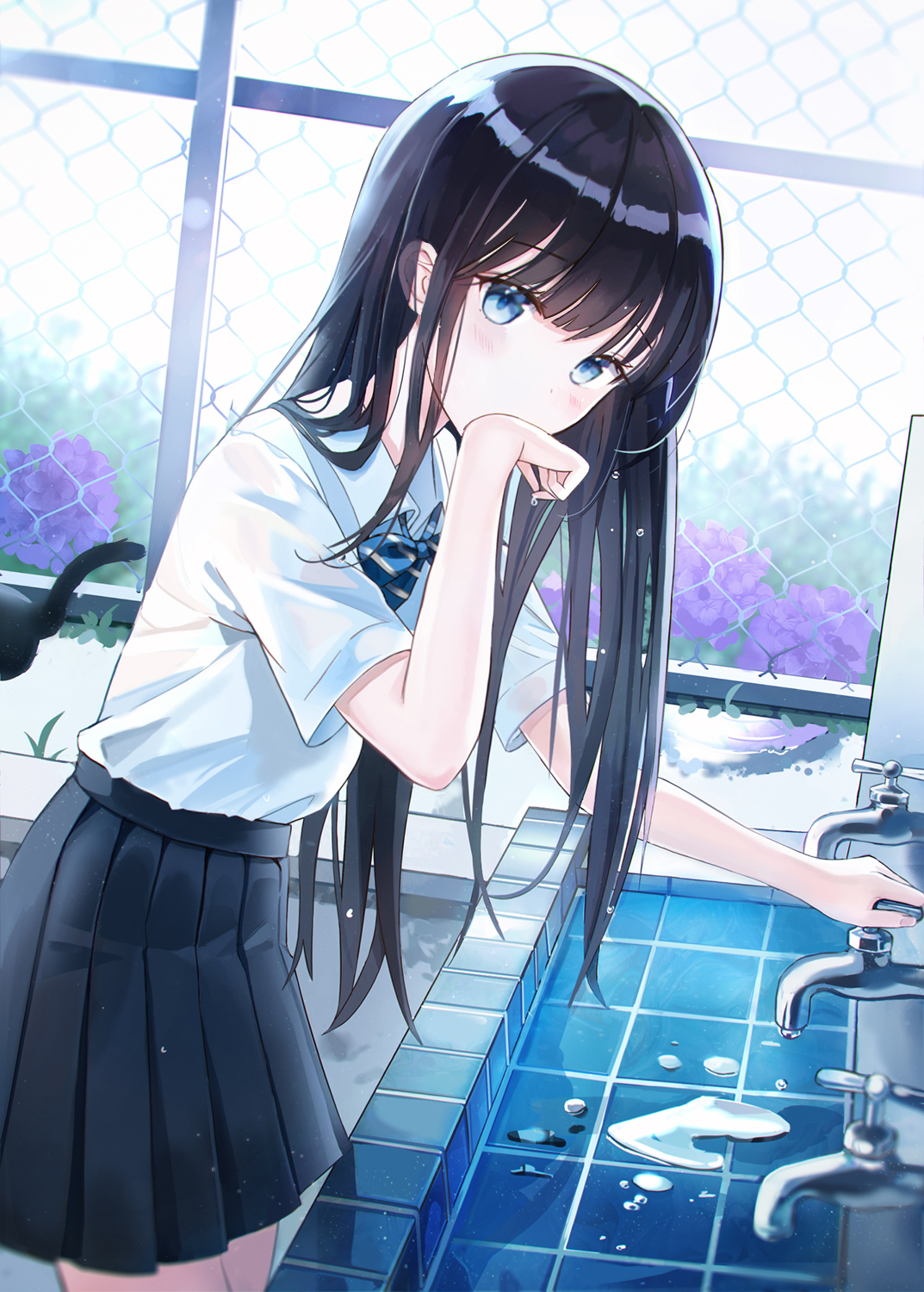 Anime Anime Girls Hand On Mouth Vertical Faucets School Uniform Black Hair Blue Eyes Iren Lovel 1073x1500