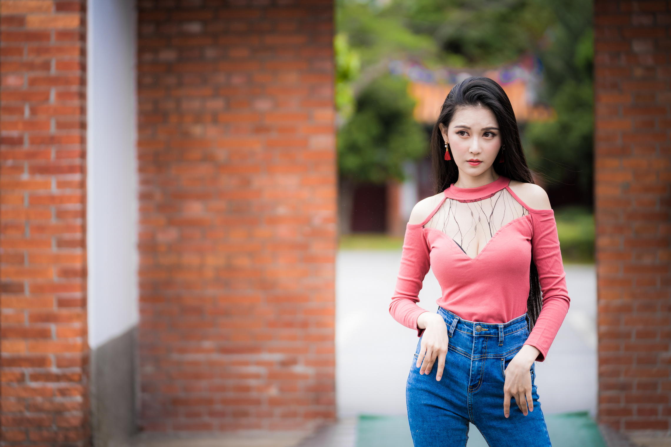 Asian Model Women Long Hair Dark Hair Jeans Red Shirt Bricks Wall Depth Of Field Trees Earring 2281x1520