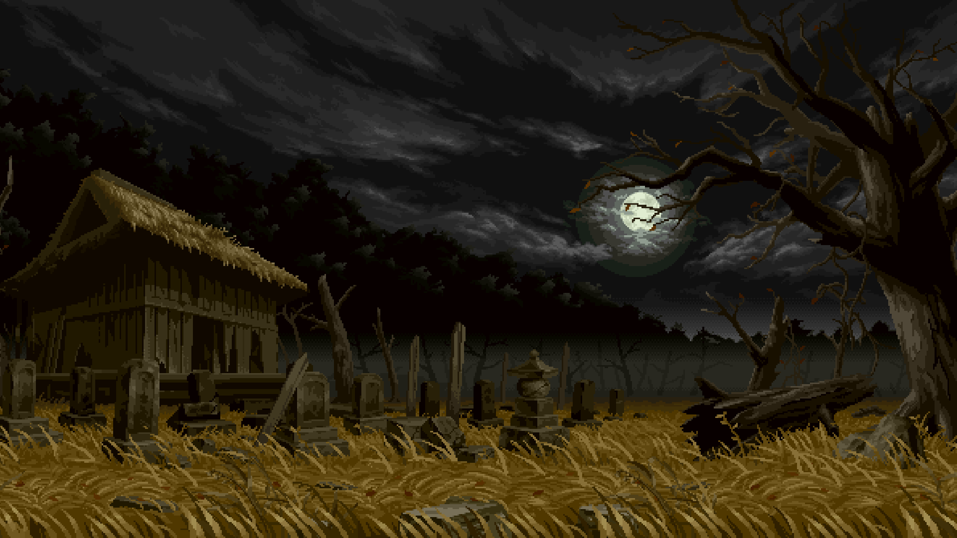 Creepy Night Graveyards Pixel Art Pixelated Moon Grave Trees Grain Cabin Pixels Dead Trees Branch 1920x1080
