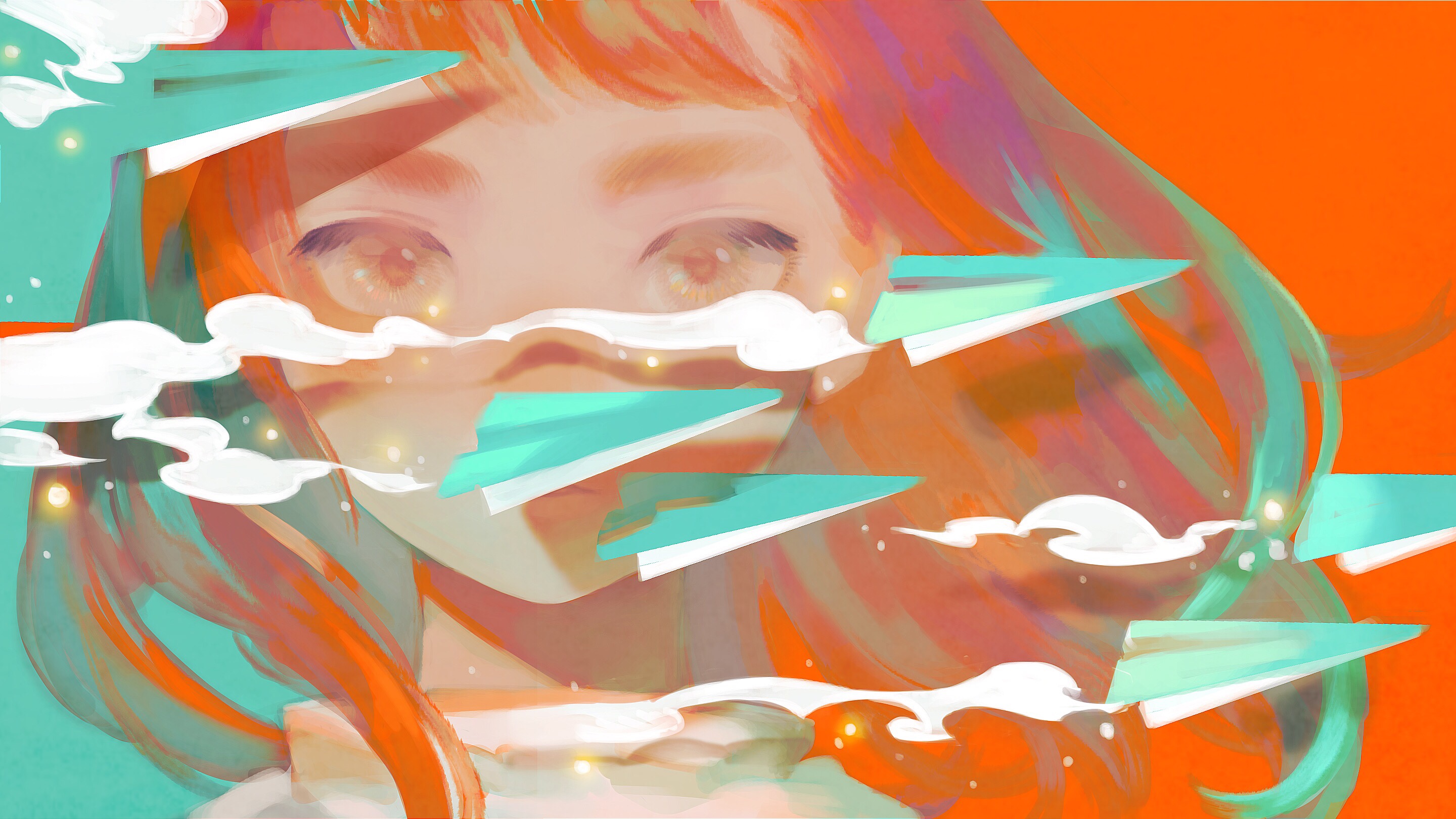 Anime Anime Girls Paper Planes Long Hair Redhead Multicolored Hair Smoke Long Eyelashes 2880x1620