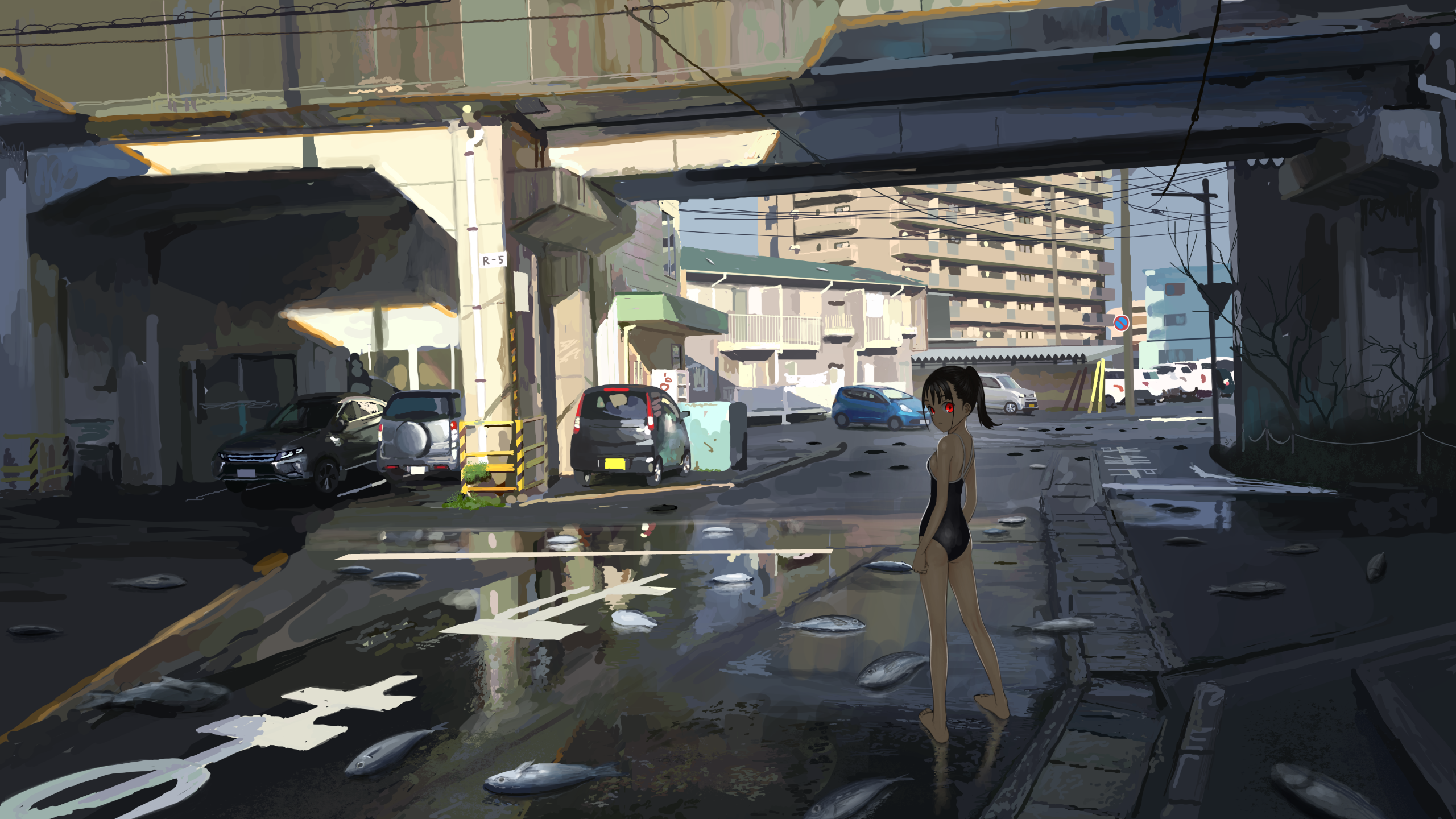 Underpass Anime Girls School Swimsuit 2560x1440