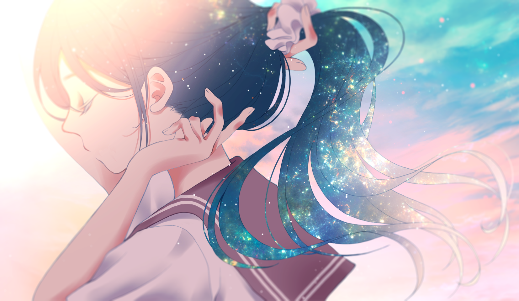 Anime Anime Girls Blue Hair School Uniform Clouds Sky Stars Universe Sheepd 1655x960