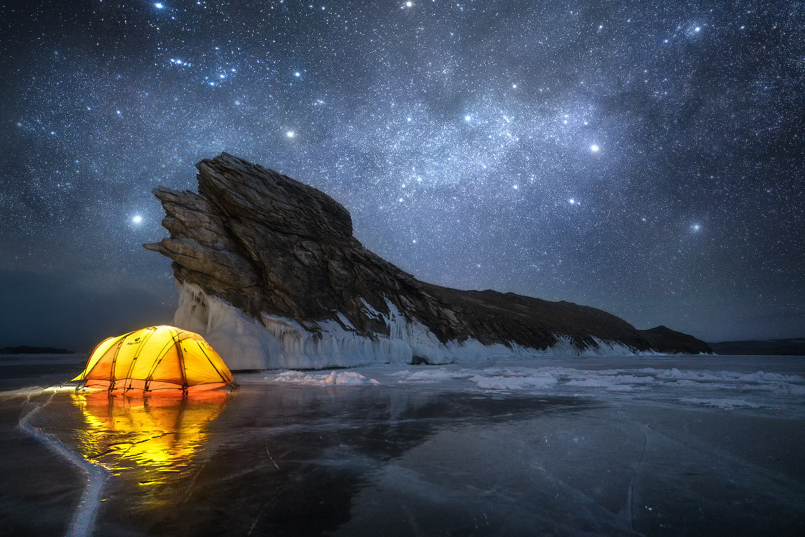 Vladimir Lyapin Landscape Night Sky Stars Rock Ice Cold Dark Tent Frozen Water 1600x1067