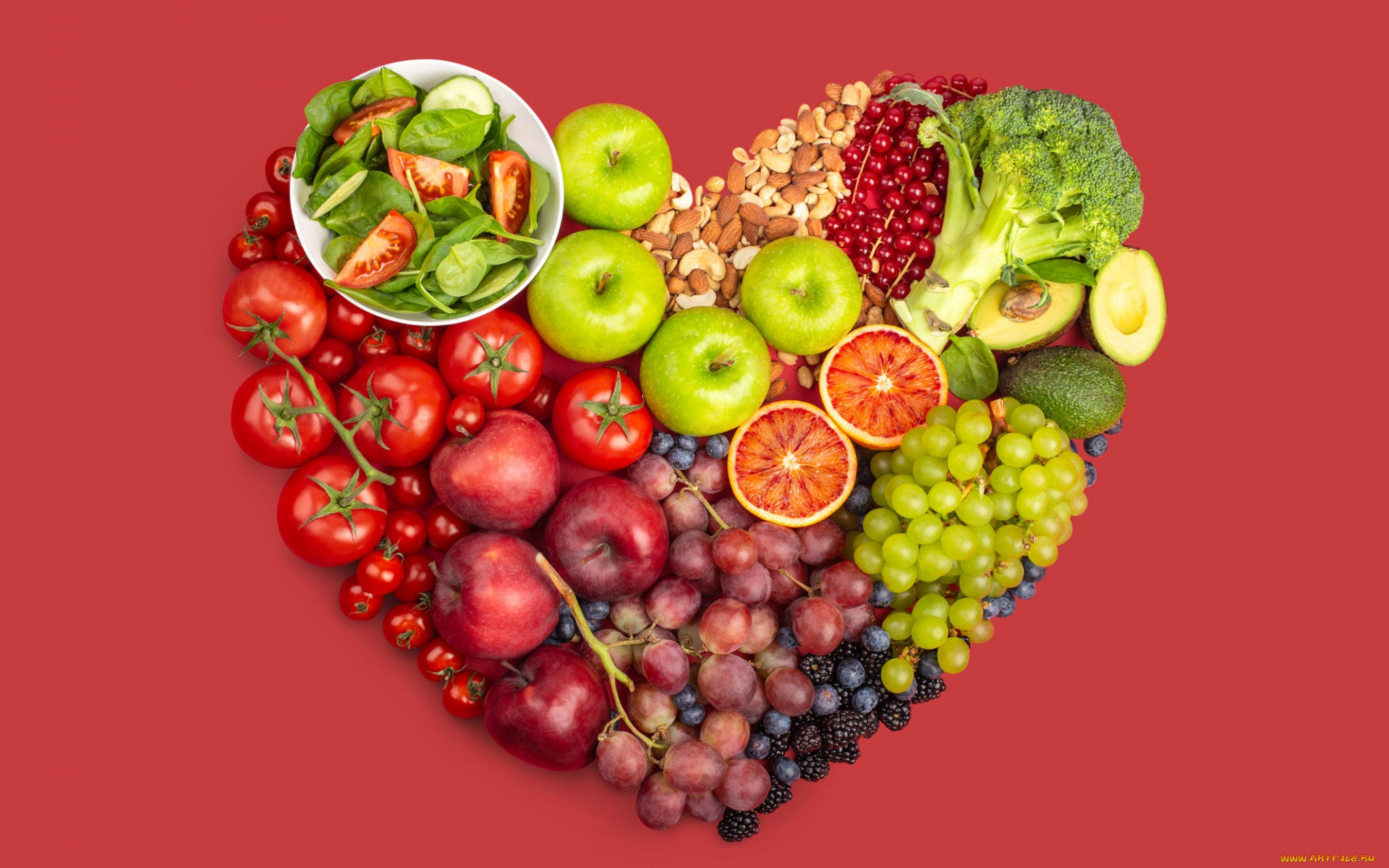 Red Background Simple Background Food Fruit Vegetables Berries Salad Tomatoes Grapes Apples Heart De 1920x1200