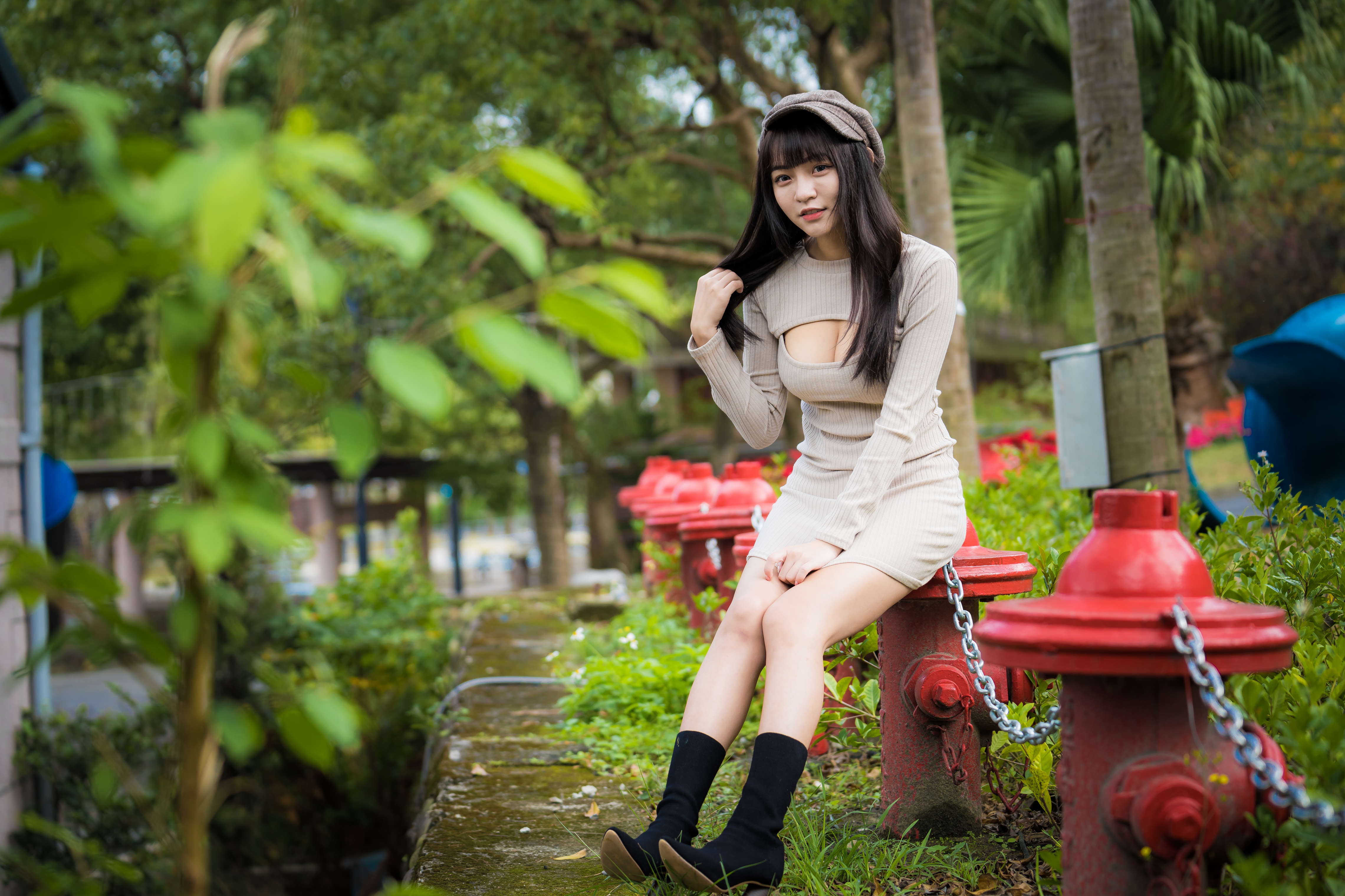 Asian Model Women Long Hair Berets Grey Dress Shoes Sitting Leaves Branch Trees Grass Chains Depth O 4562x3041