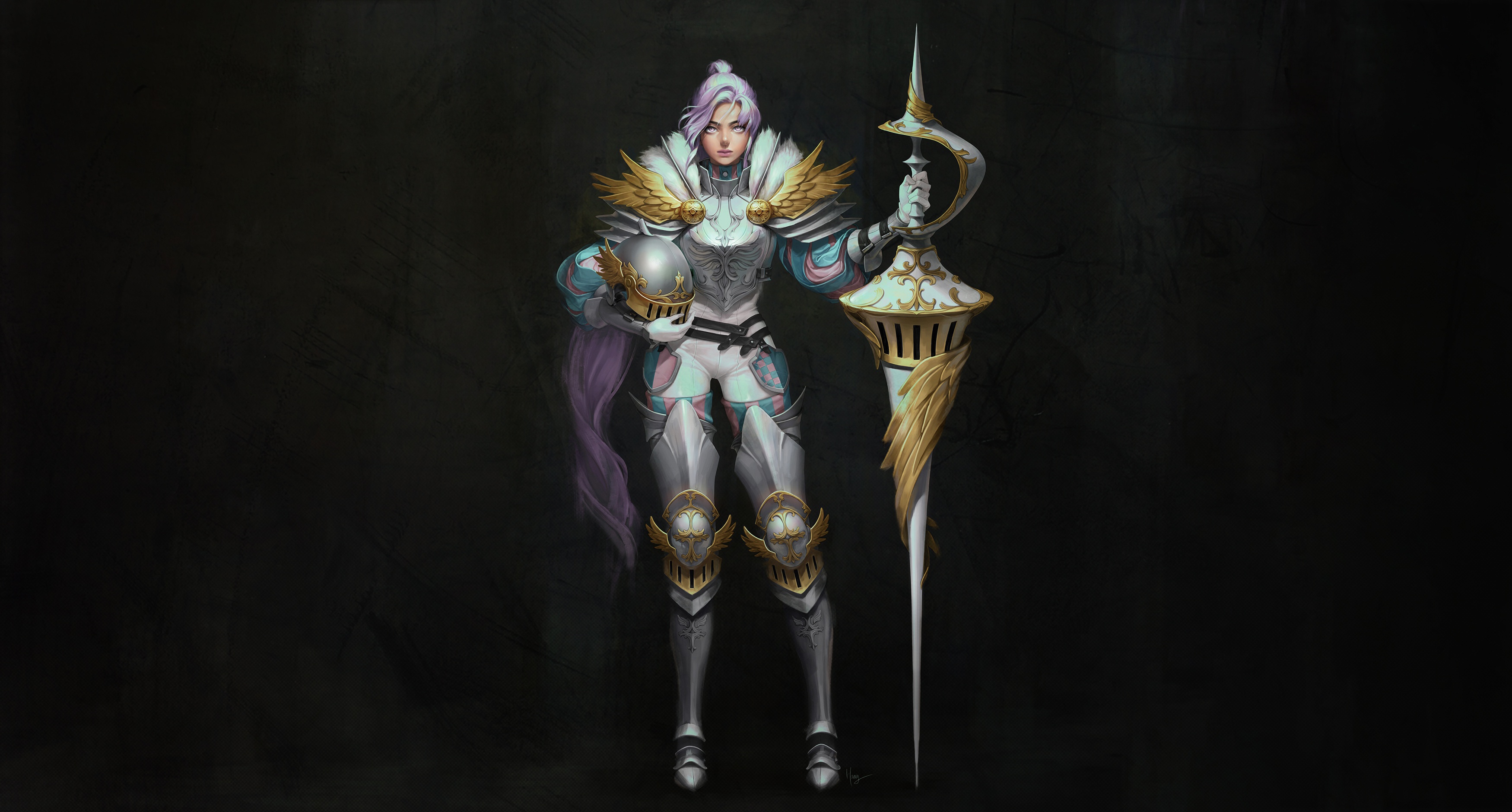 Armor Girl Knight Pink Hair Spear Woman Warrior 3500x1880