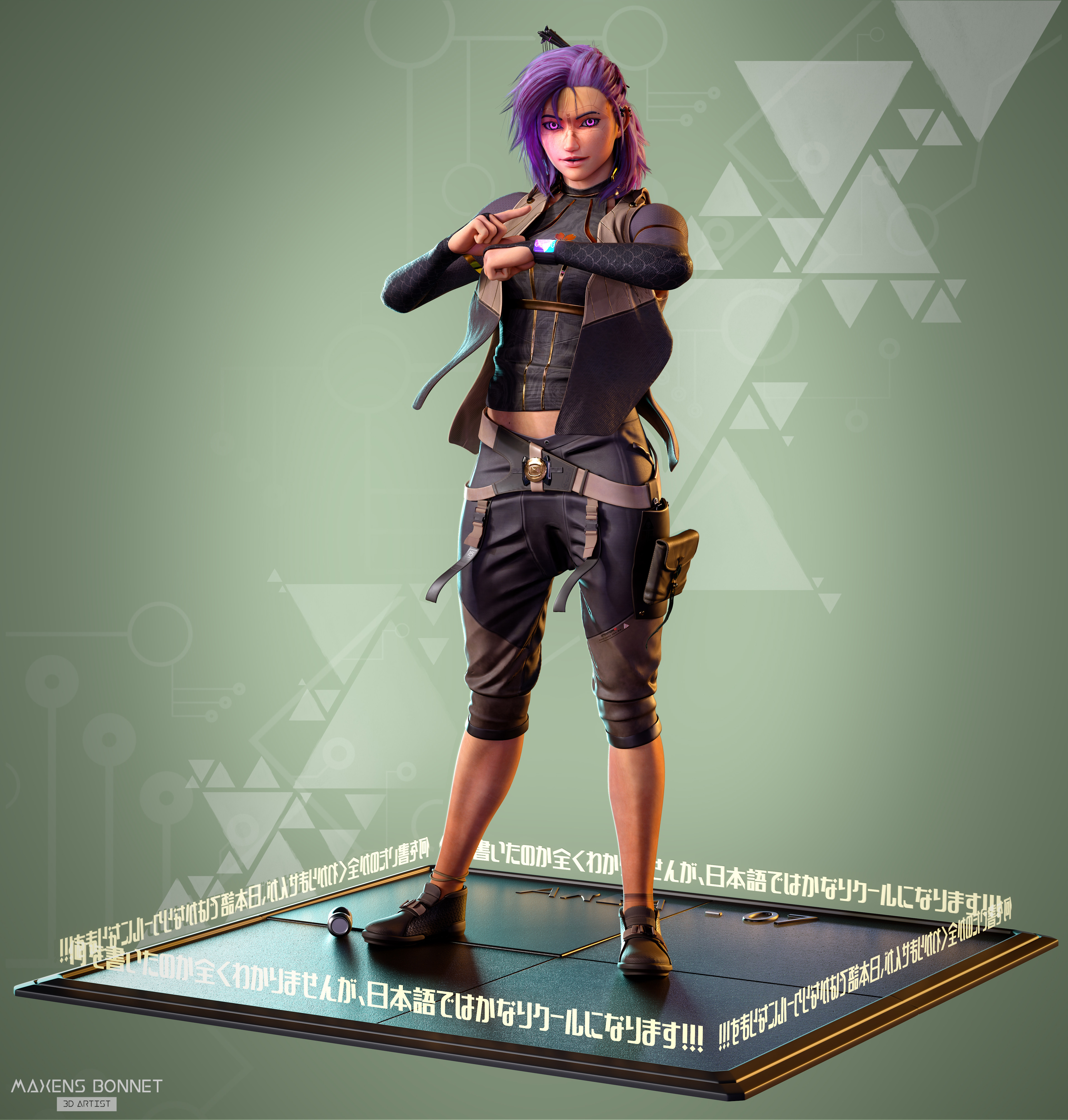 Maxens Bonnet Artwork Fictional Character CGi Purple Hair Purple Clothing Pink Hair Short Hair Glowi 3840x4027