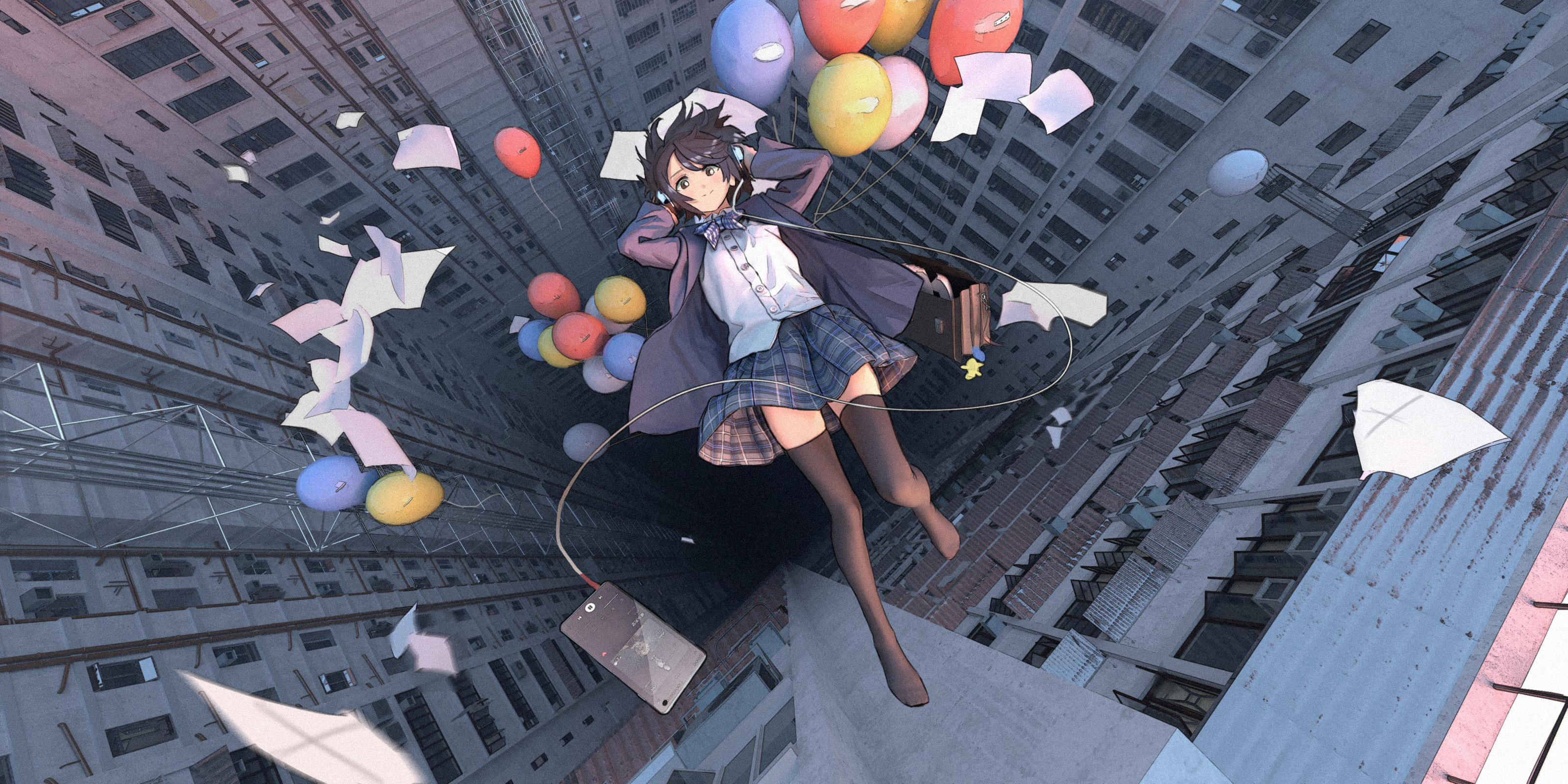 Anime Girls School Uniform Balloon Falling Headsets Kryp132 3200x1600
