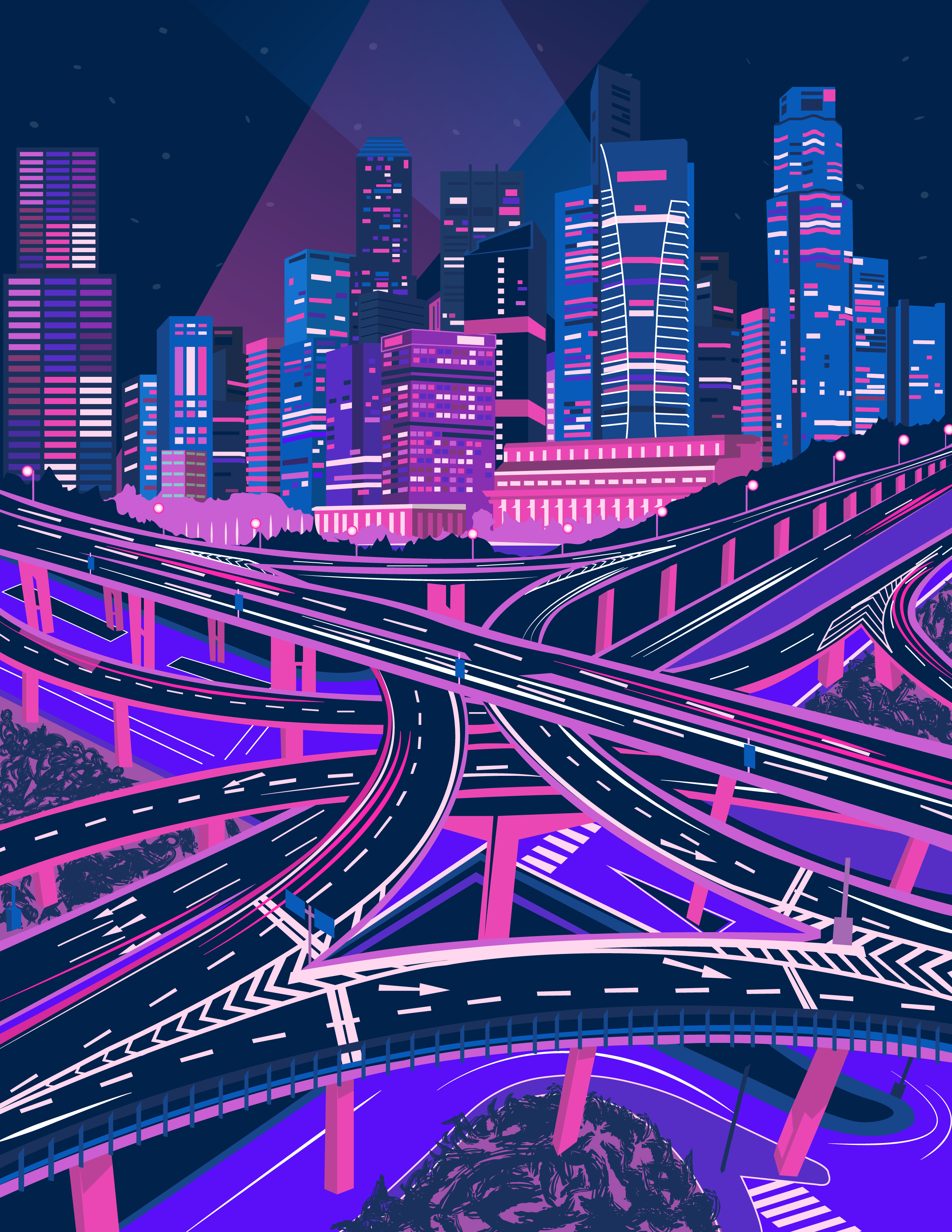 Illustration Colorful Purple Pink Artist Neon Glowing Cityscape Architecture Building Dark City Silh 2448x3168