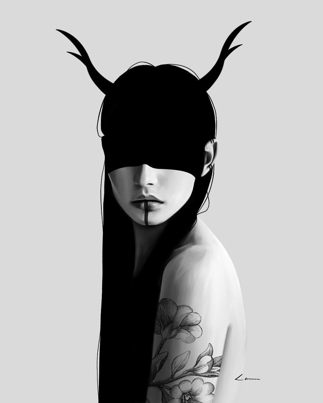 Digital Art Women Portrait Long Hair Tattoo Covered Eyes Black Hair Simple Background Monochrome Lau 1080x1350