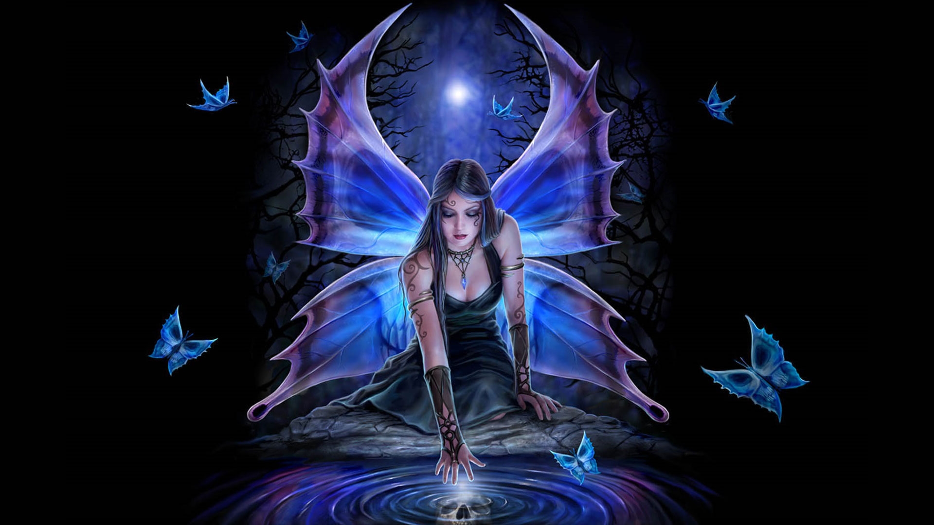 Butterfly Fairy Fantasy Girl Moon Moonlight Night Purple Reflection Woman 1920x1080