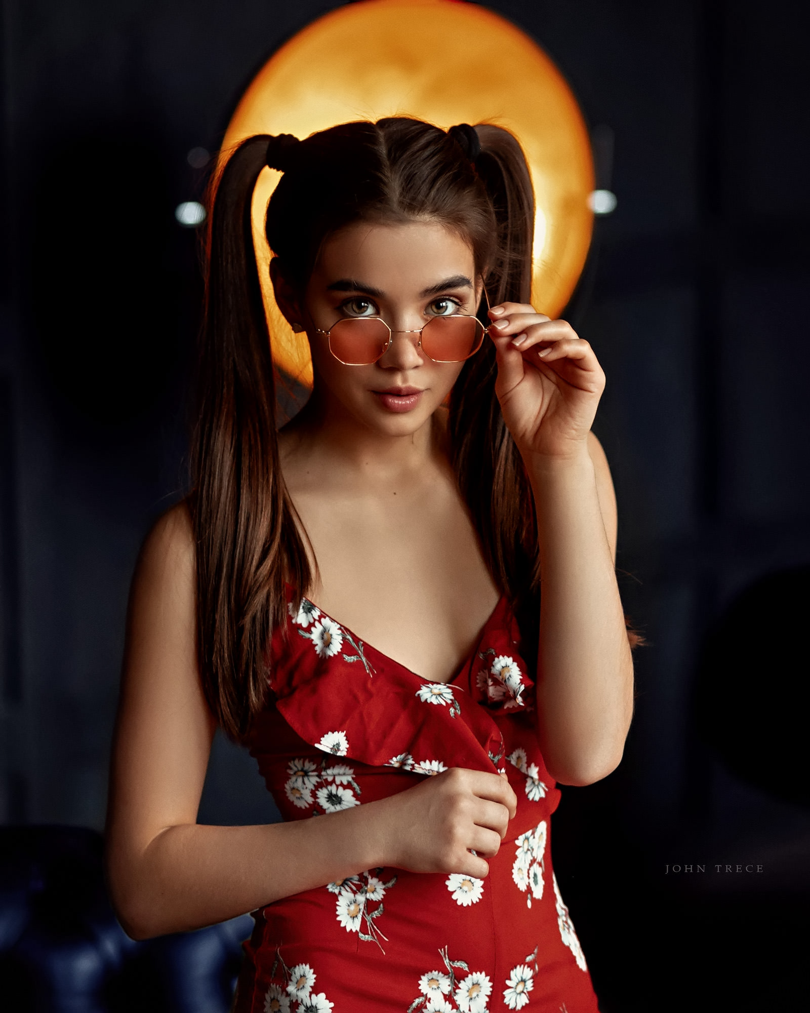 Women Pigtails Glasses Portrait Face Red Dress Women Indoors Brunette 1600x2000