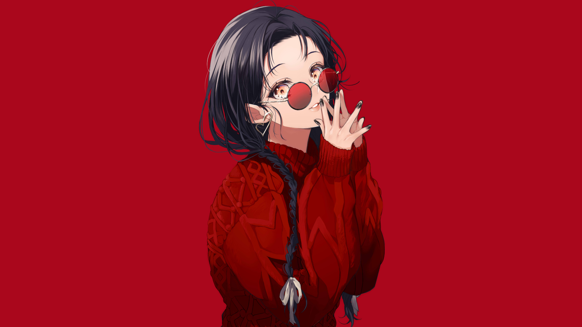 Simple Background Long Hair Red Glasses Black Hair Brown Eyes Braids Sweater Anime Girls Sogawa 1920x1080