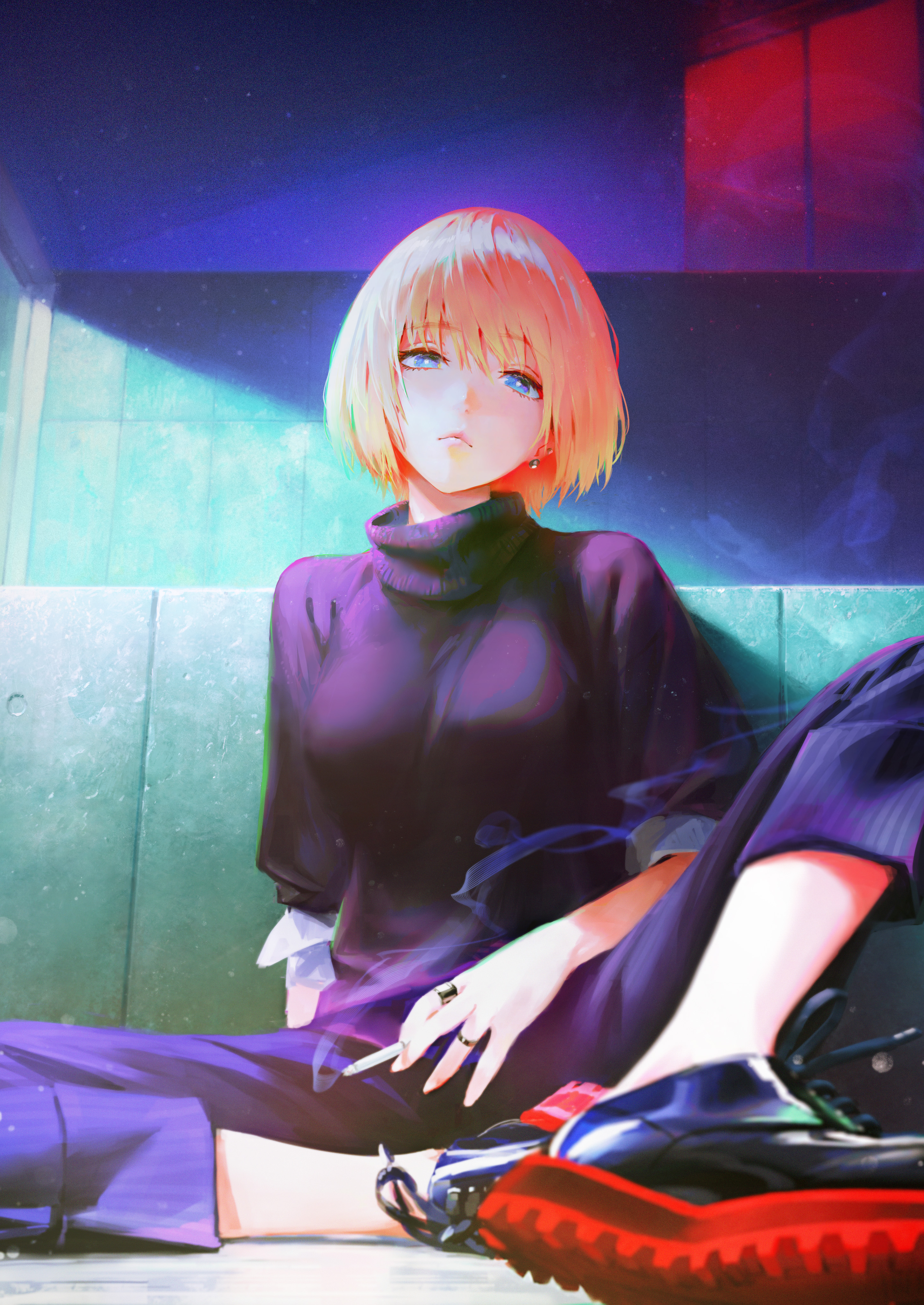 Digital Art Artwork 2D Portrait Display Vertical Short Hair Blonde Blue Eyes Smoking Arata Yokoyama  2900x4096