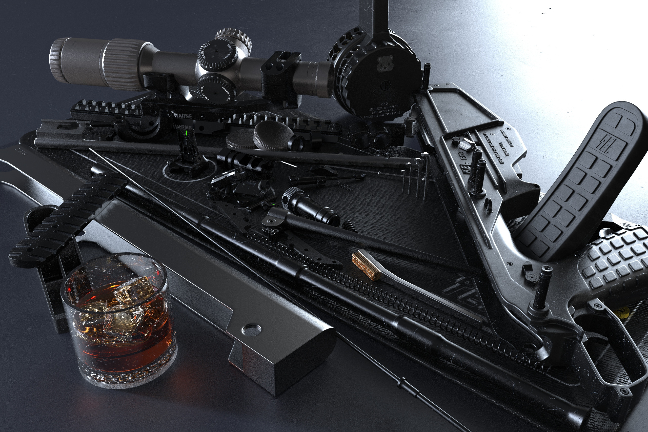 Anthony Brun ArtStation 3D CGi Digital Art Sniper Rifle Black Rifle Whisky Glass Whiskey Ice Cubes W 2560x1707