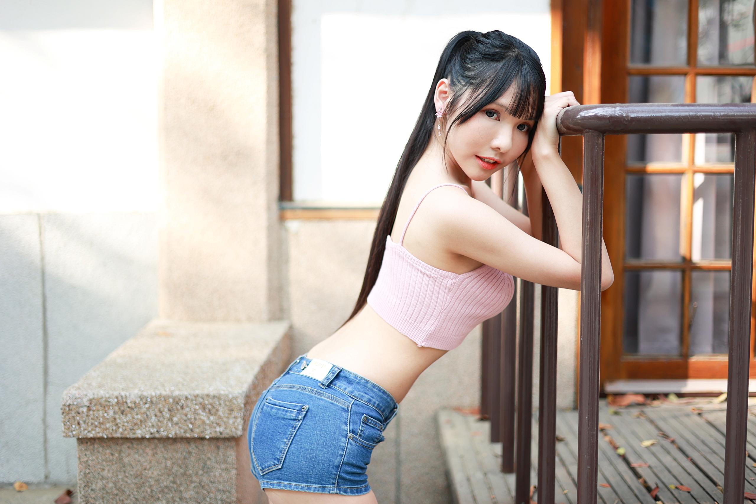 Vicky Women Model Brunette Asian Ponytail Bangs Looking At Viewer Parted Lips Pink Tops Portrait Out 2560x1707