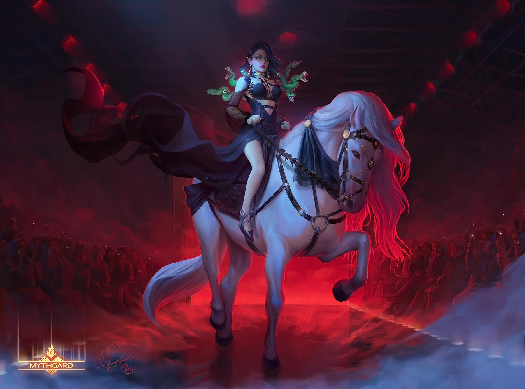 Ina Wong Drawing Women Dress Mythgard Fantasy Art Gorgon Horse Horse Riding Snake 1800x1335