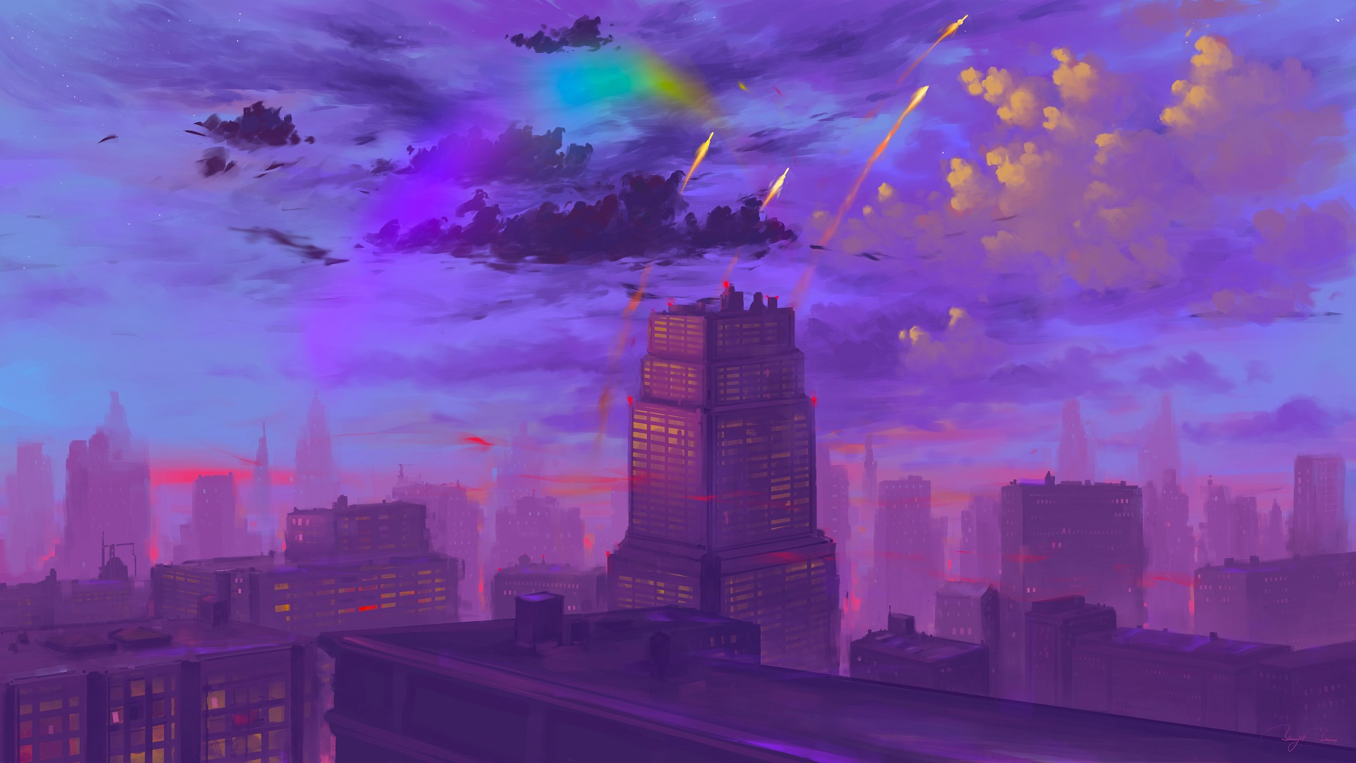 BisBiswas Digital Art Cityscape Rocket Clouds Rainbows 1920x1080