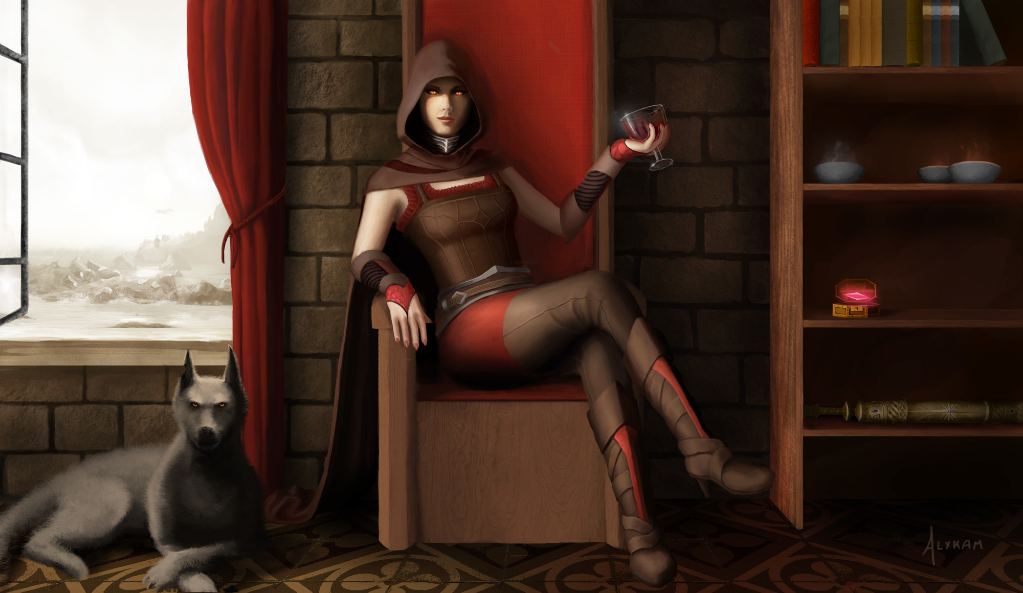 Bethesda Softworks Serana Dog Cape Hood Artwork Fan Art Sitting Legs Crossed Window Vampires Video G 2000x1160