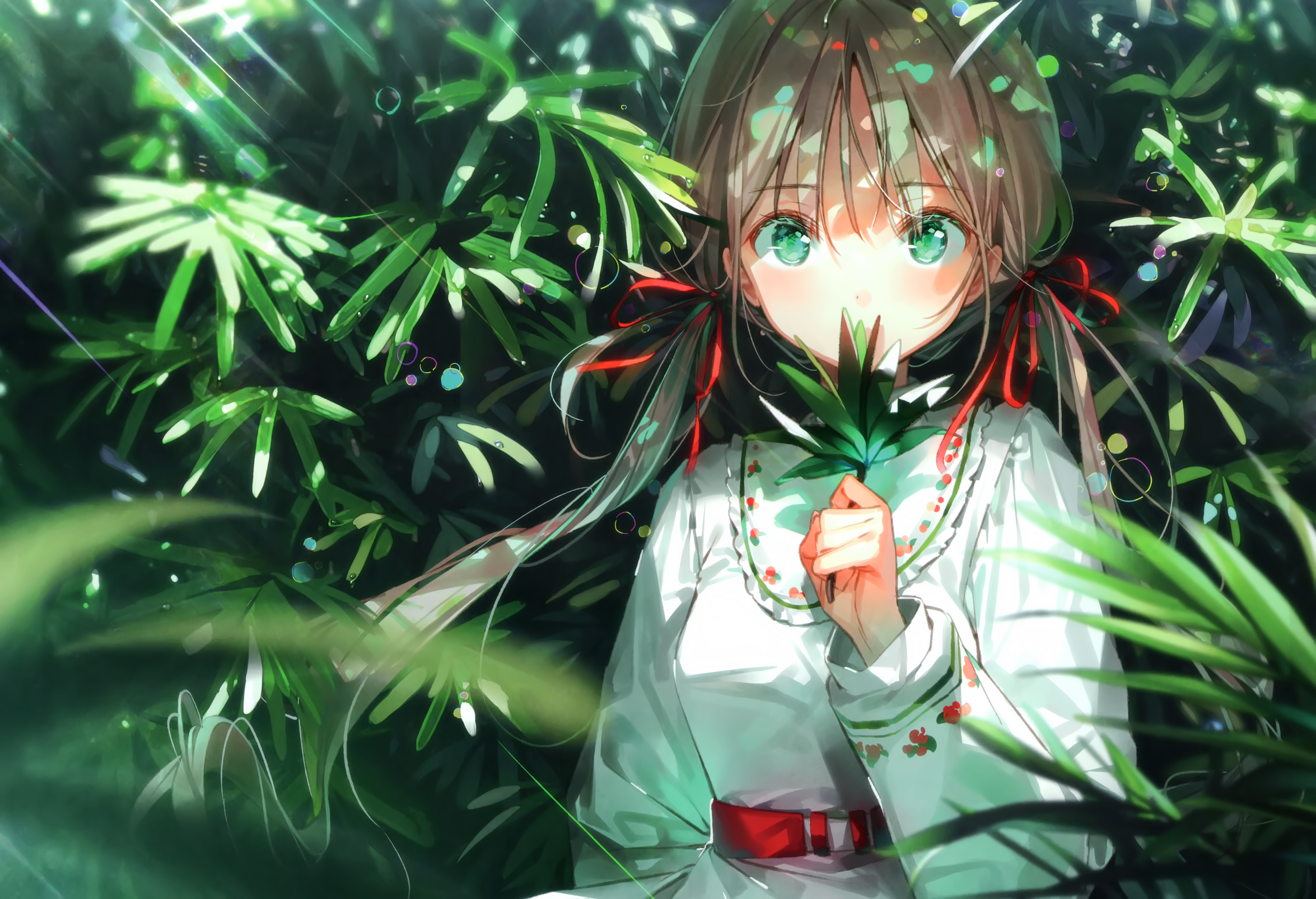 Anime Anime Girls Leaves Green Eyes Long Hair Ribbons Rain Water Drops Red Ribbons Brunette Dress DS 4230x2888