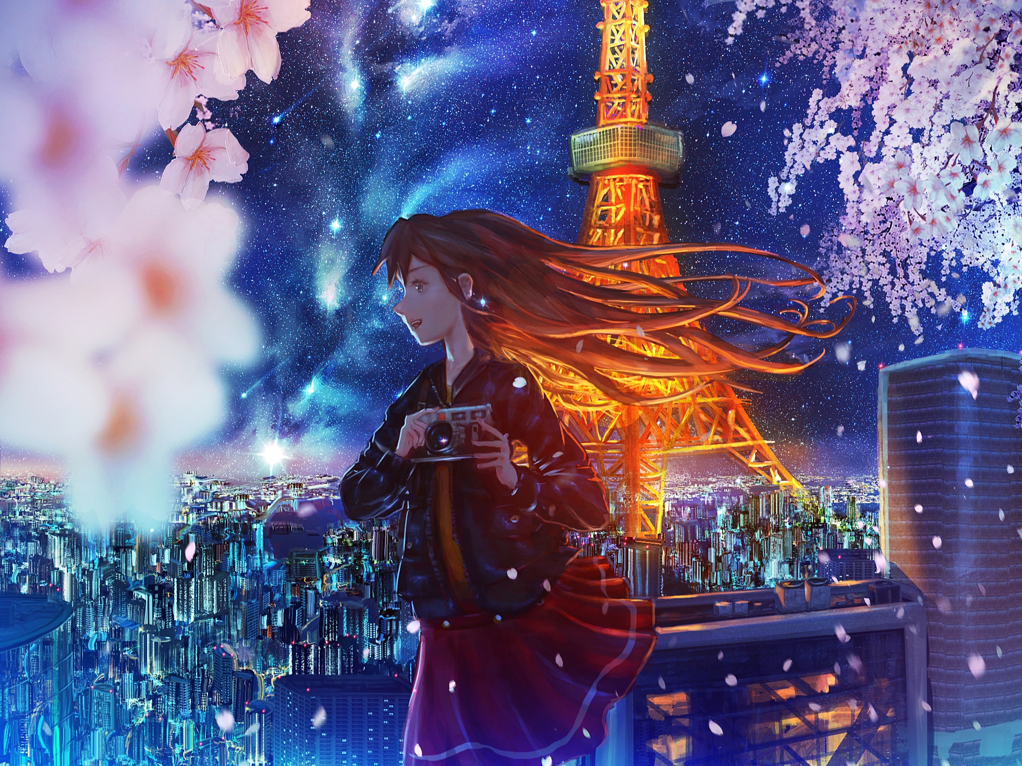 City Flower Girl Starry Sky Tokyo Tower 2000x1500