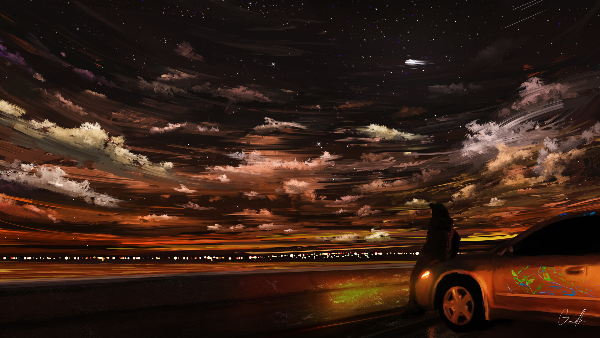 Digital Art Car Lights Water Night Stars Clouds ArtStation Sky Dark Vehicle Artwork 1920x1080