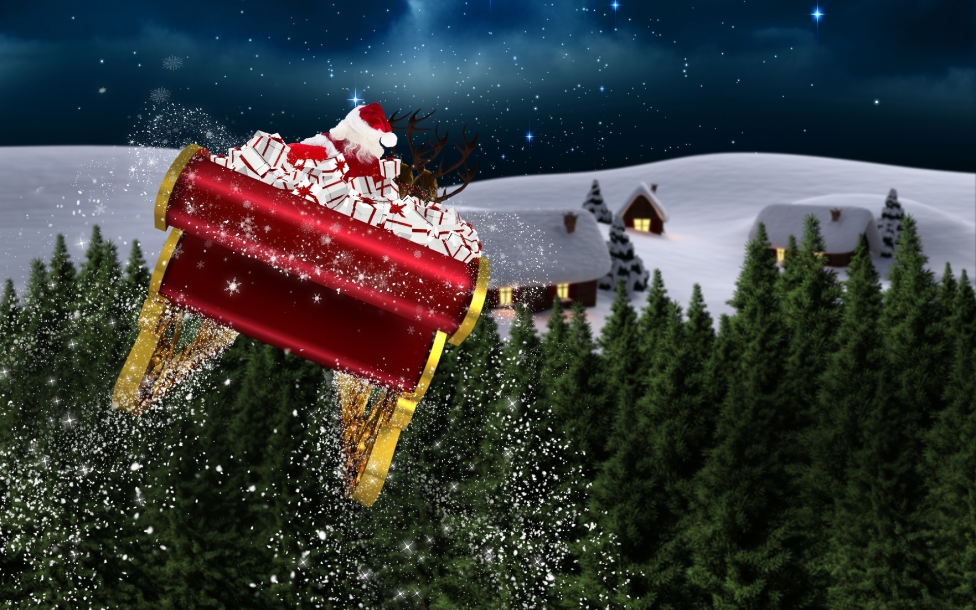 Christmas Forest House Night Santa Claus Sled Snow 1920x1200