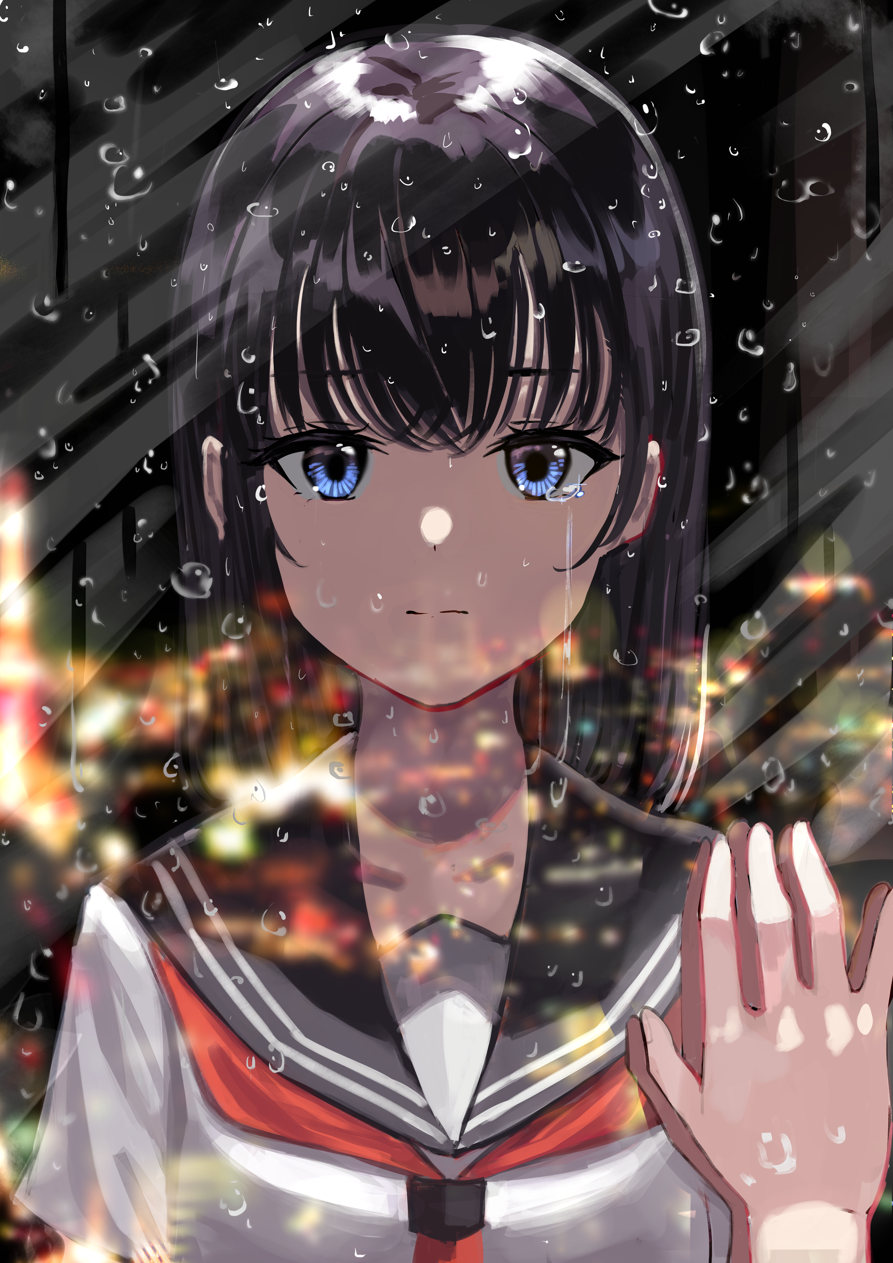 Anime Anime Girls Water Drops Blue Eyes Dark Hair School Uniform Reflection City Lights Aroamoyasi 2894x4093