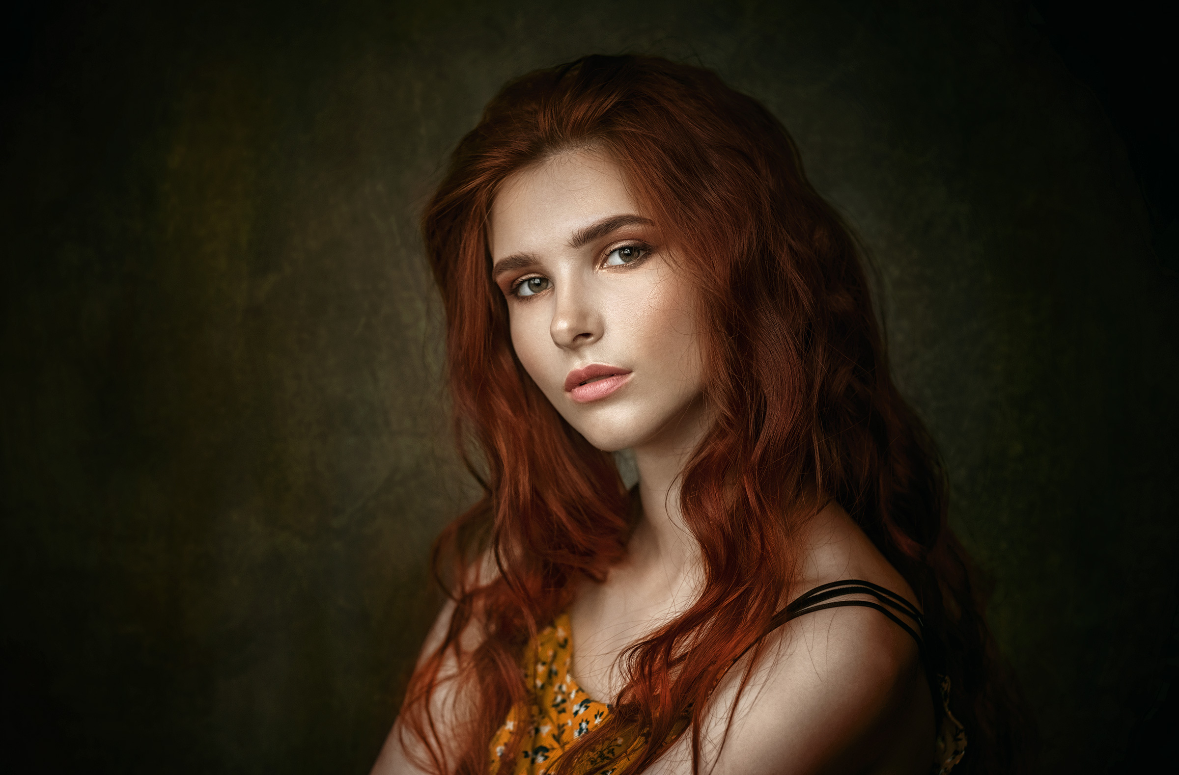 Albert Lesnoy Women Redhead Long Hair Wavy Hair Looking At Viewer Makeup Portrait Simple Background 2400x1579