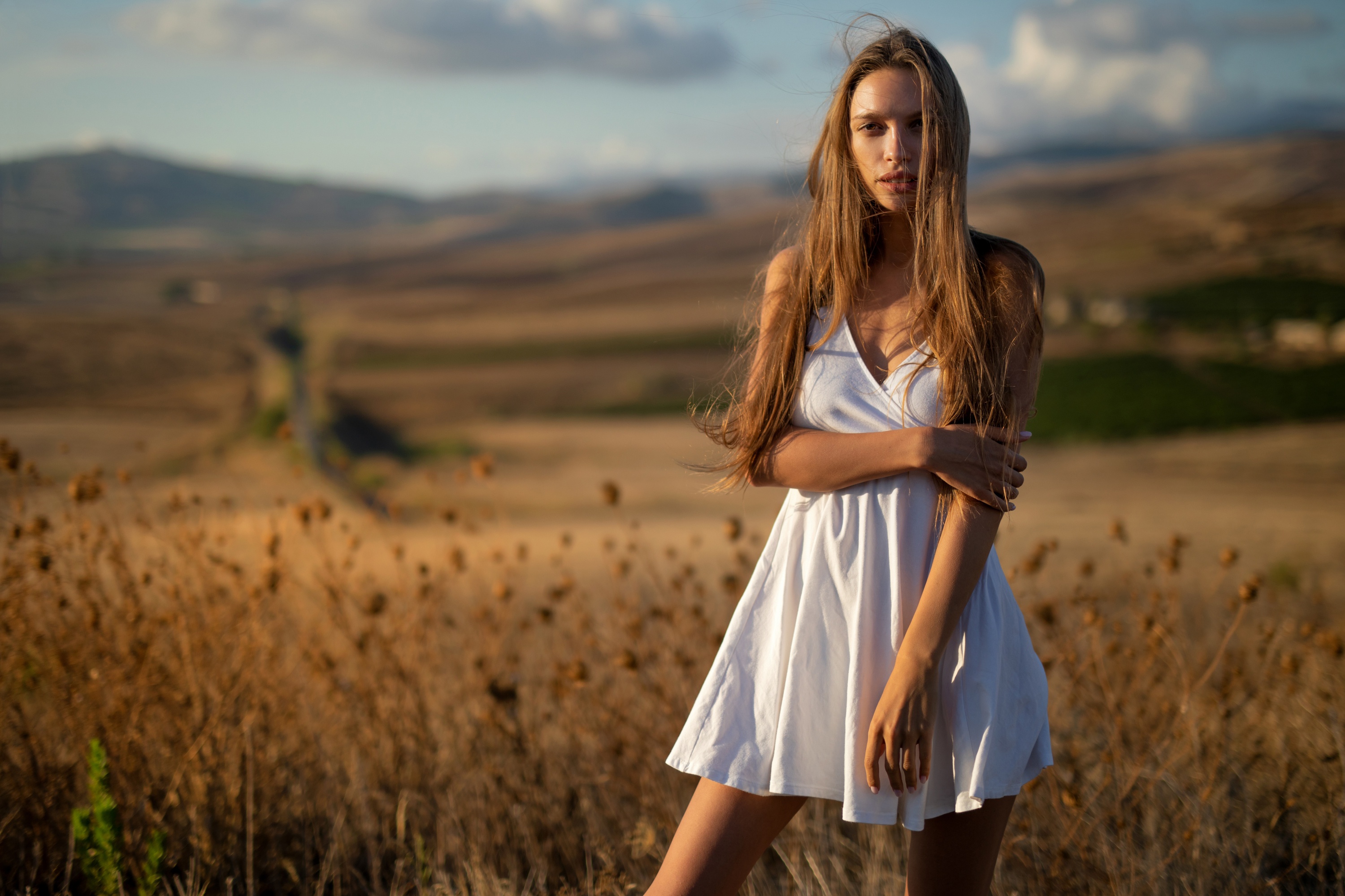 Filippo Sano Model Women Brunette Dress White Dress Legs Field Portrait Bare Shoulders 3000x2000