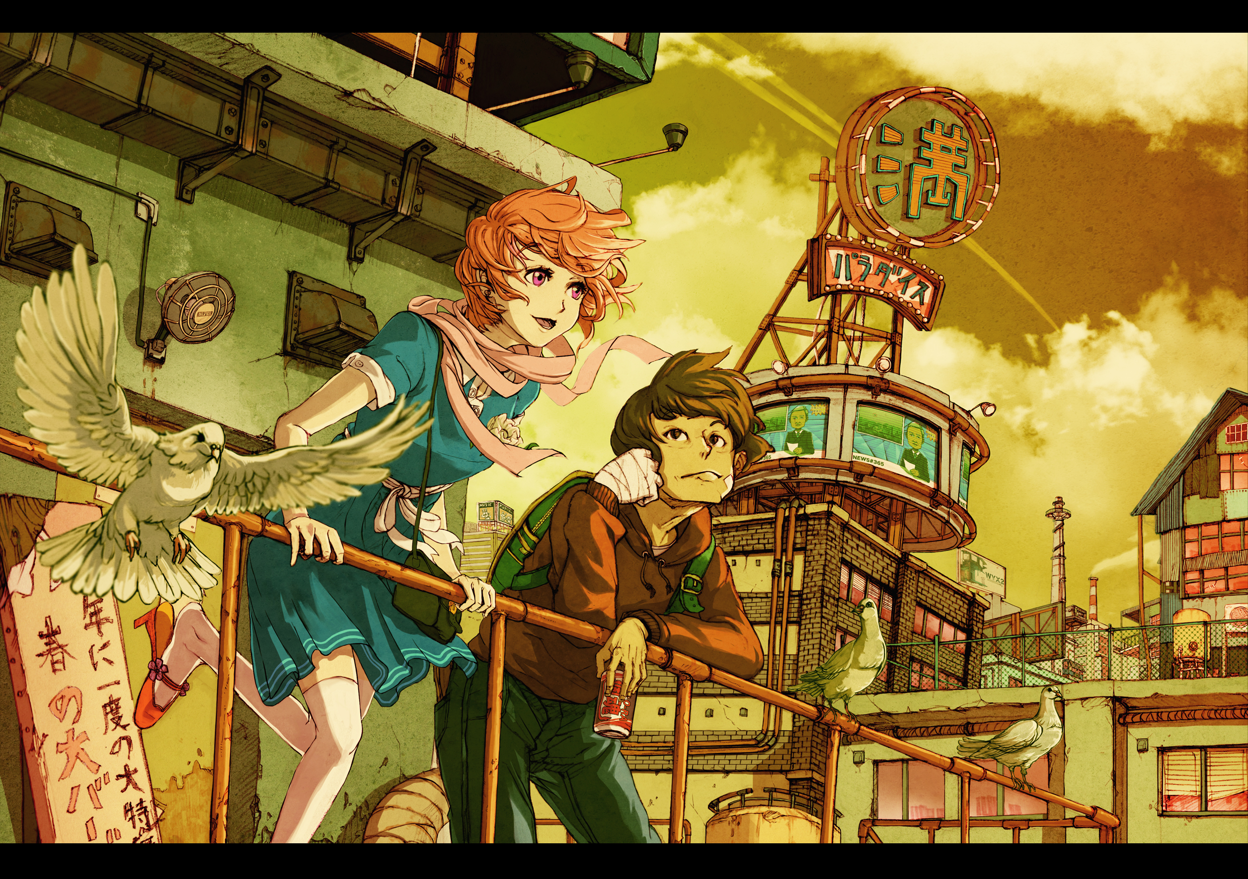 Anime Anime Girls Anime Boys Redhead Short Hair Pigeons Ribbons Pink Eyes City Clouds 2480x1748