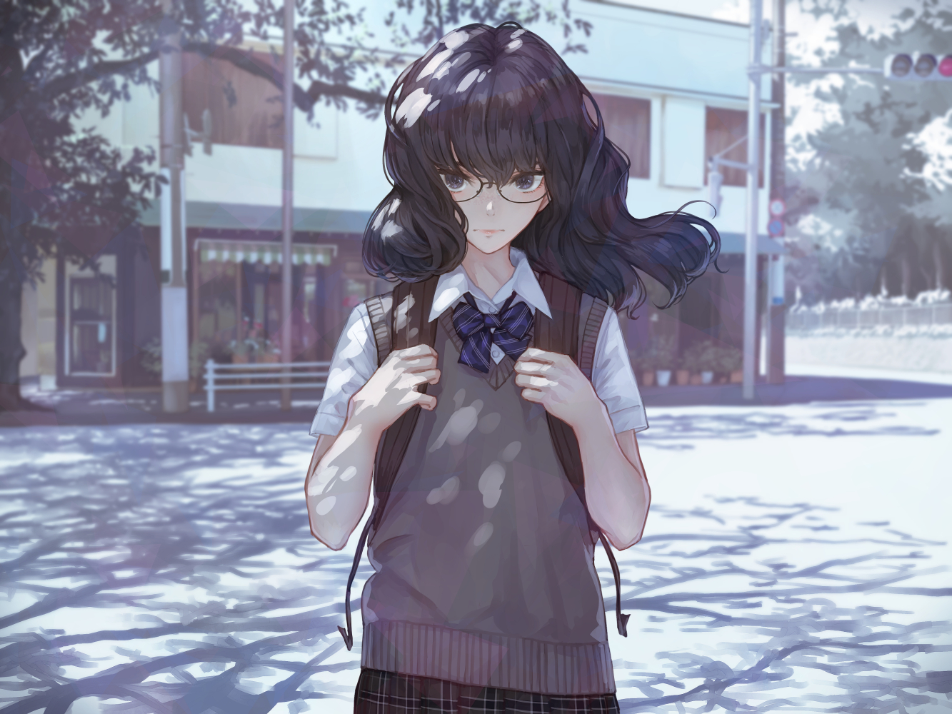 Anime Girls Anime JK Original Characters Meganekko Sweater Short Sleeves 2D Hair Blowing In The Wind 1333x1000