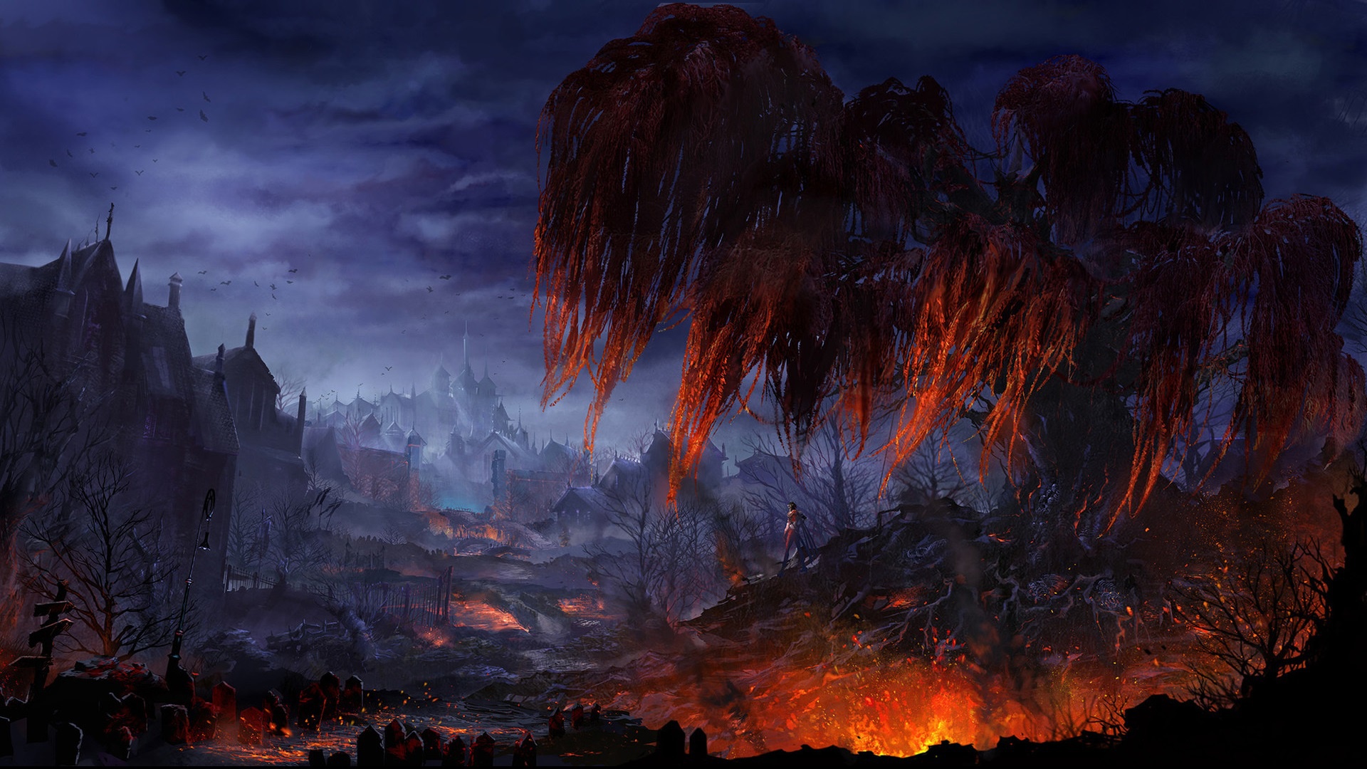 Artwork Fantasy Art Colorful Town Sky Trees Fire Grave 1920x1080
