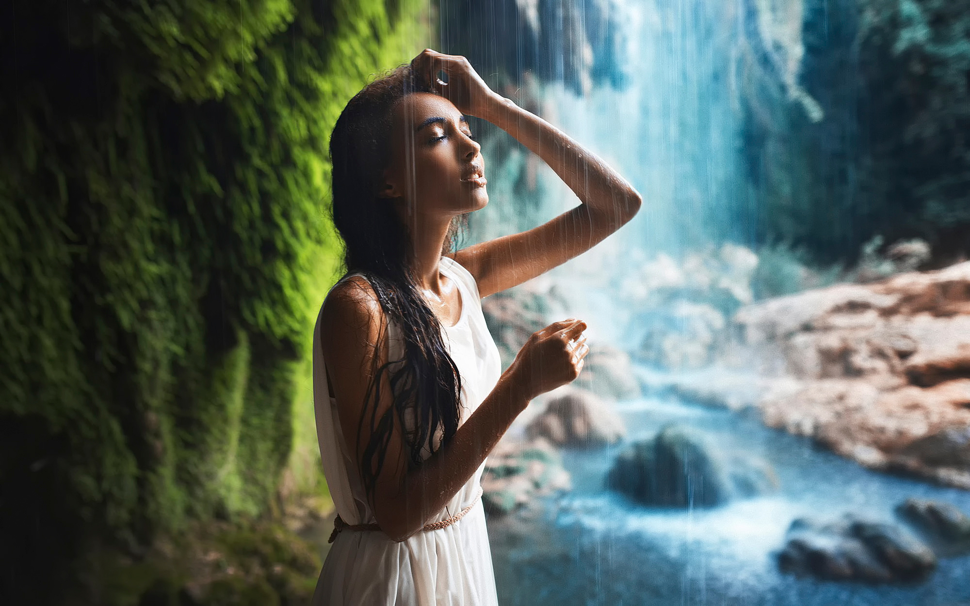 Model Women Brunette Closed Eyes Bare Shoulders Dress White Dress Wet Wet Hair Waterfall River Rocks 2000x1251