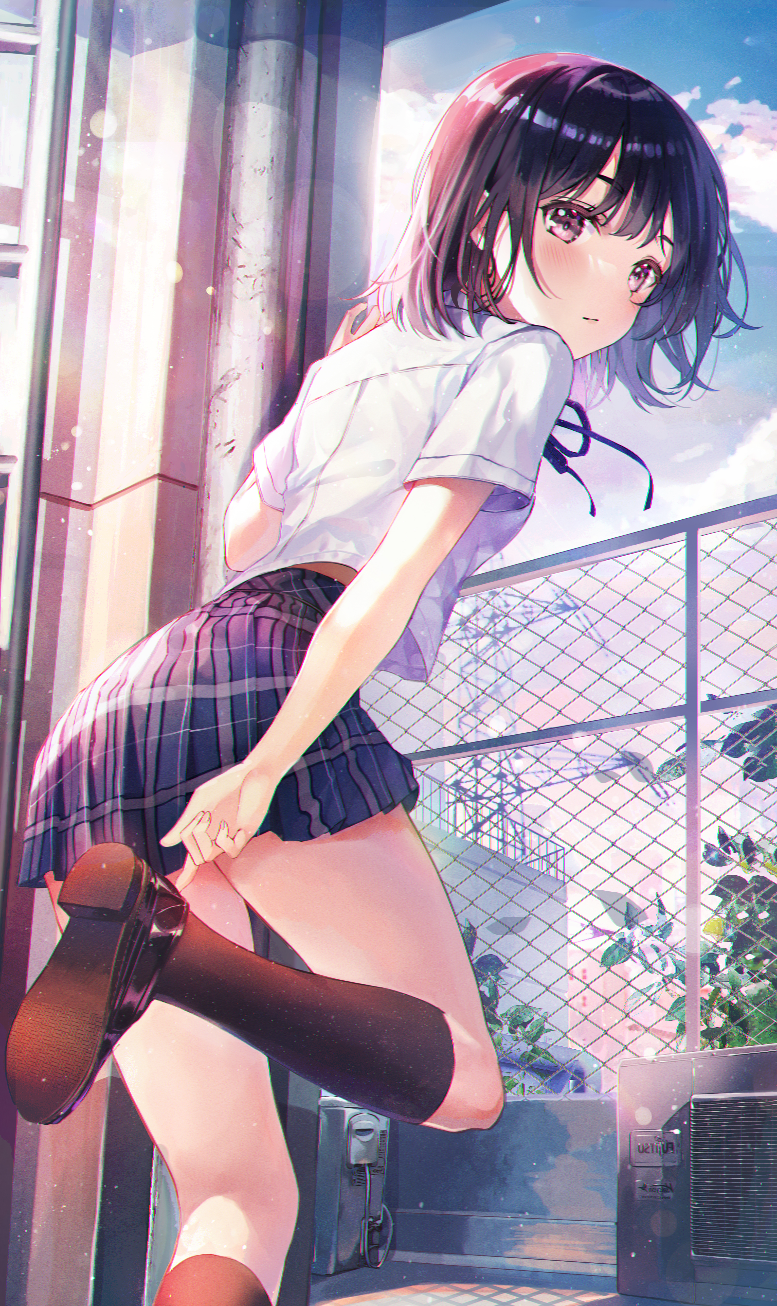 Anime Girls Short Hair Rooftops Vertical School Uniform Blush Dark Hair Eumi 3065x5150