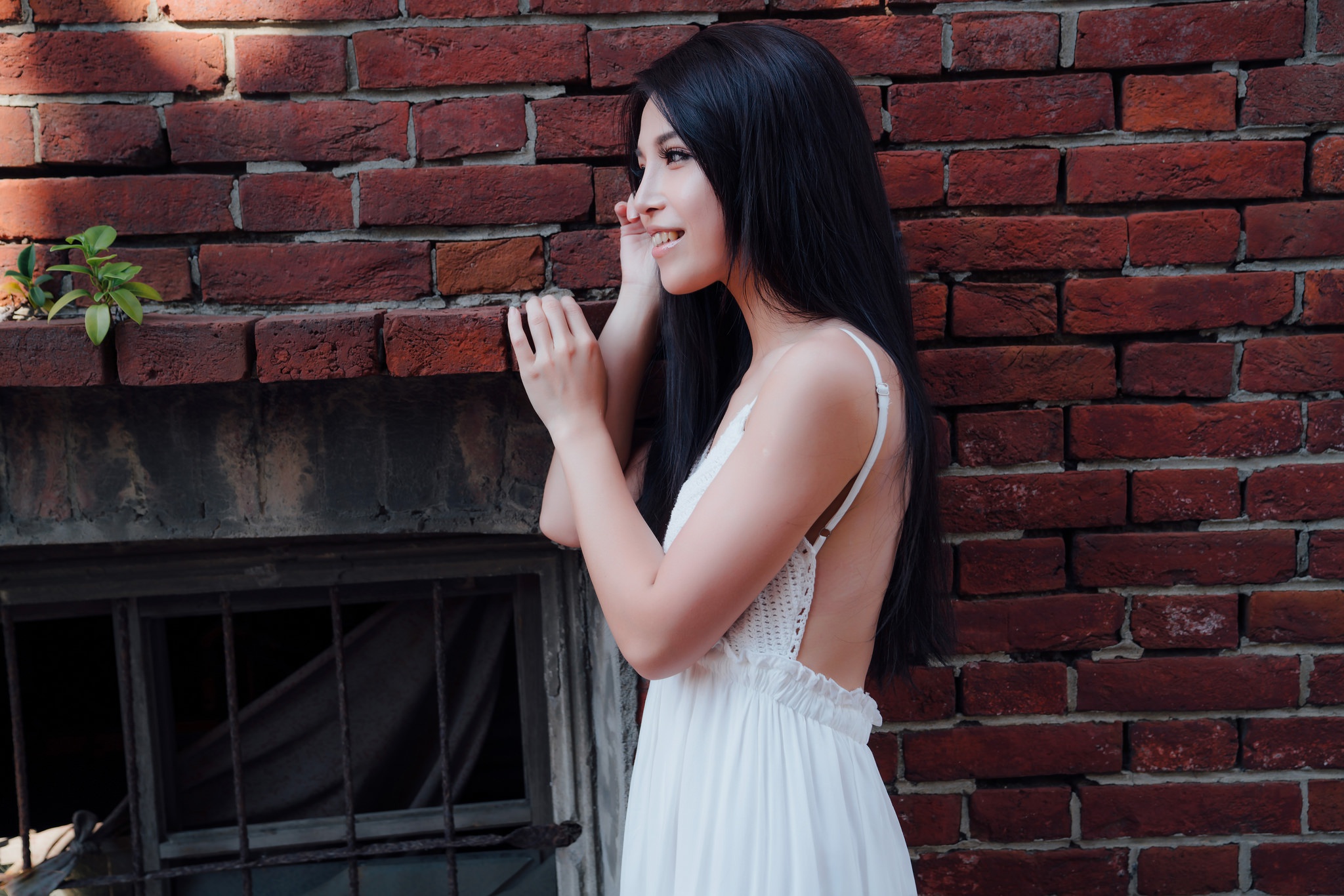 Asian Brick Brunette Girl Long Hair Model Smile White Dress Woman 2048x1366