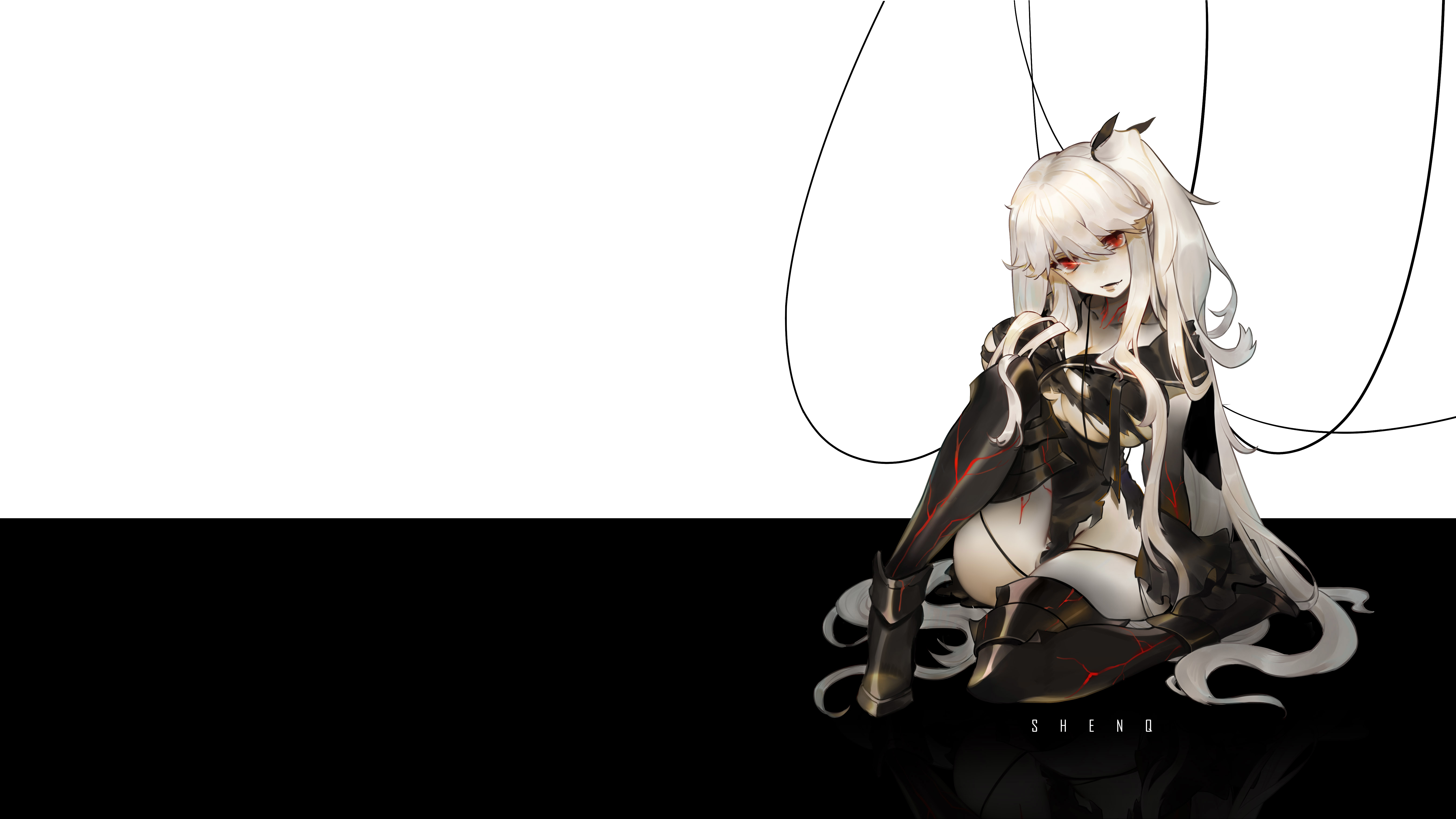 Artwork Kantai Collection Aircraft Carrier Oni ShenQ Anime Girls Torn Clothes Red Eyes Silver Hair 6240x3510