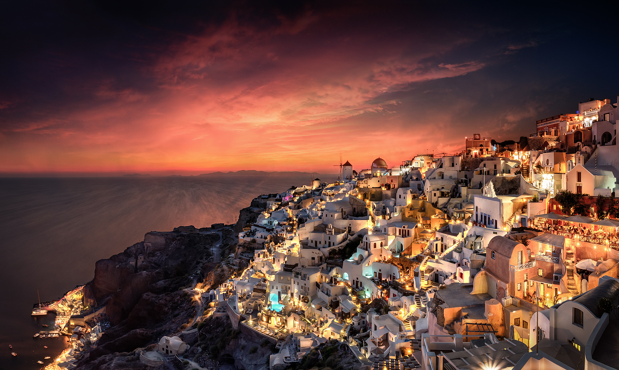 Greece House Building Architecture Sunset Water Clouds Sky Night Lights HDR Cityscape Outdoors Photo 2048x1224