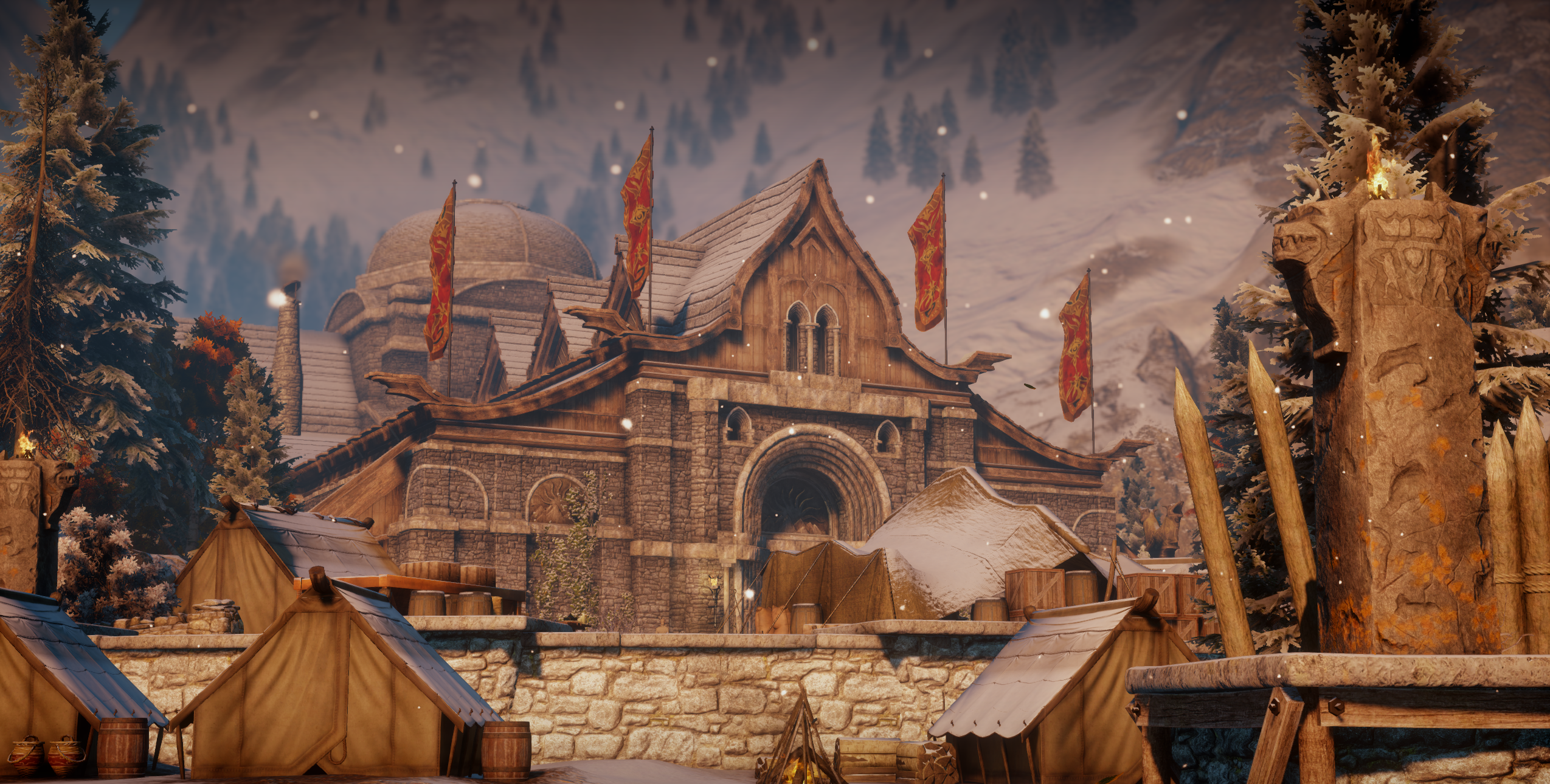 Dragon Age Inquisition Dragon Age Mountains Skyhold Building Orange Red 2549x1290