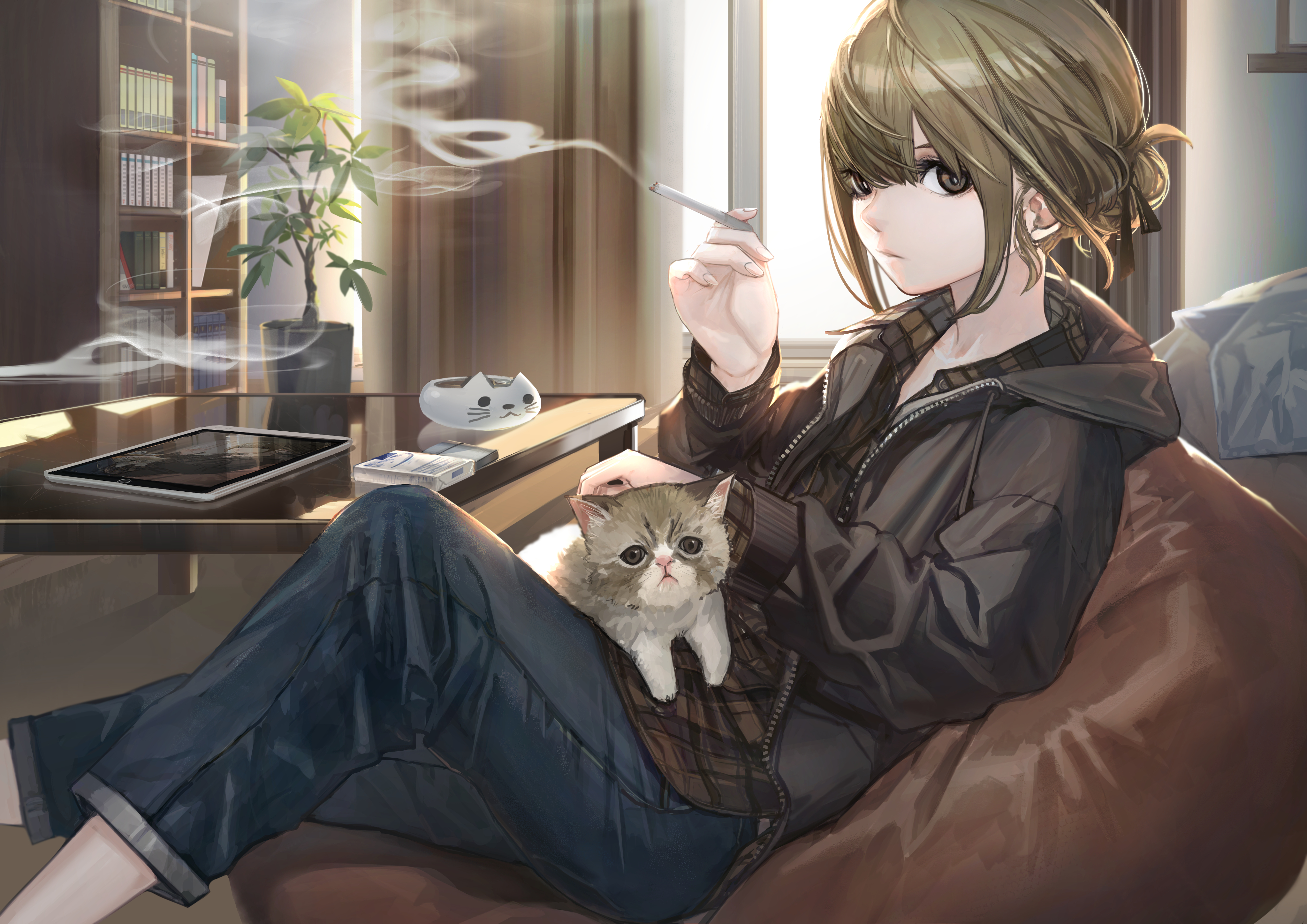 Anime Anime Girls Smoking Cats Sitting Books Brown Eyes Brown Jacket Jeans Blonde Tablet Long Nails  4093x2894