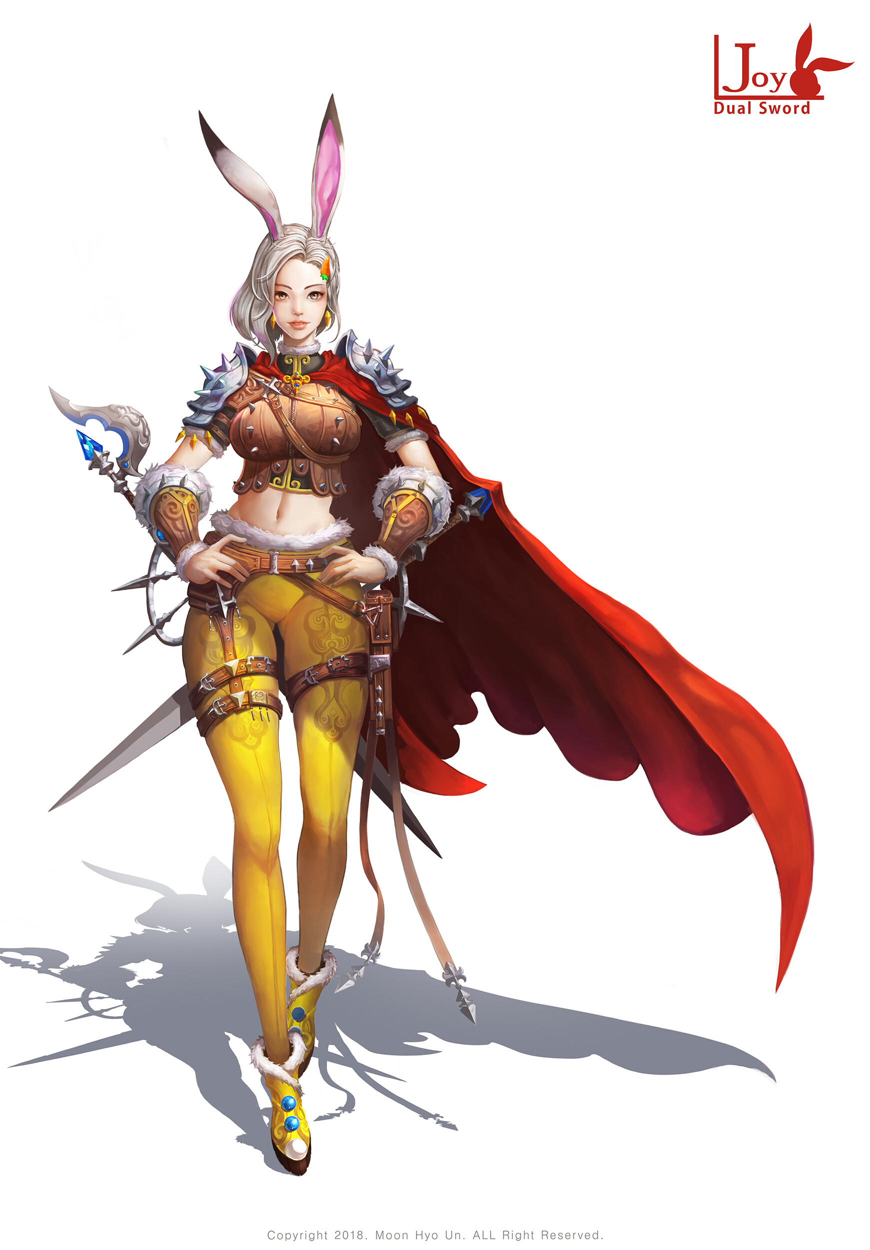 HyoUn Moon Women Sword Cape Bunny Ears Pants Navels Bare Midriff Warrior White Background Simple Bac 1741x2500