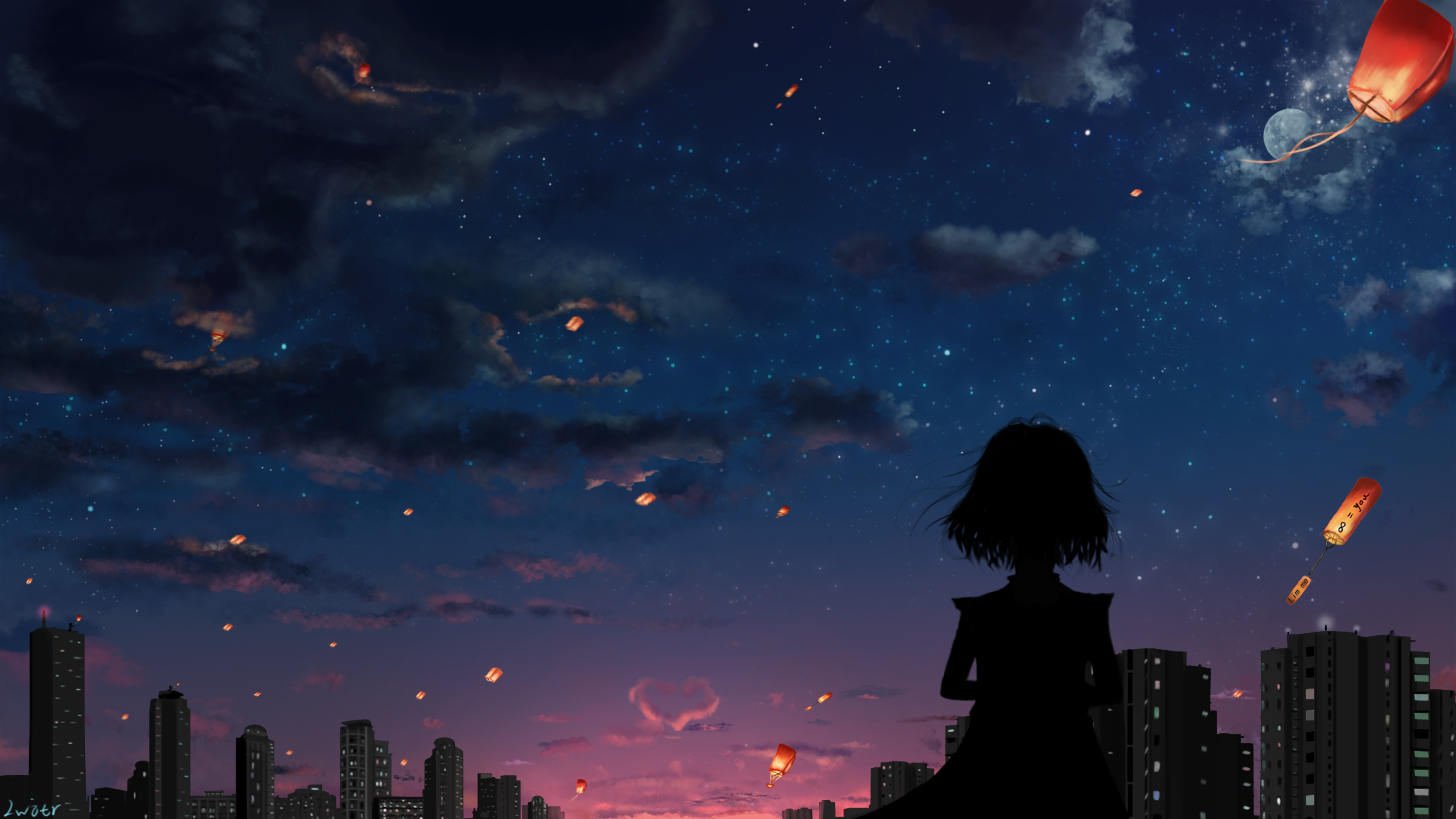 City Cloud Girl Night Stars 3840x2160