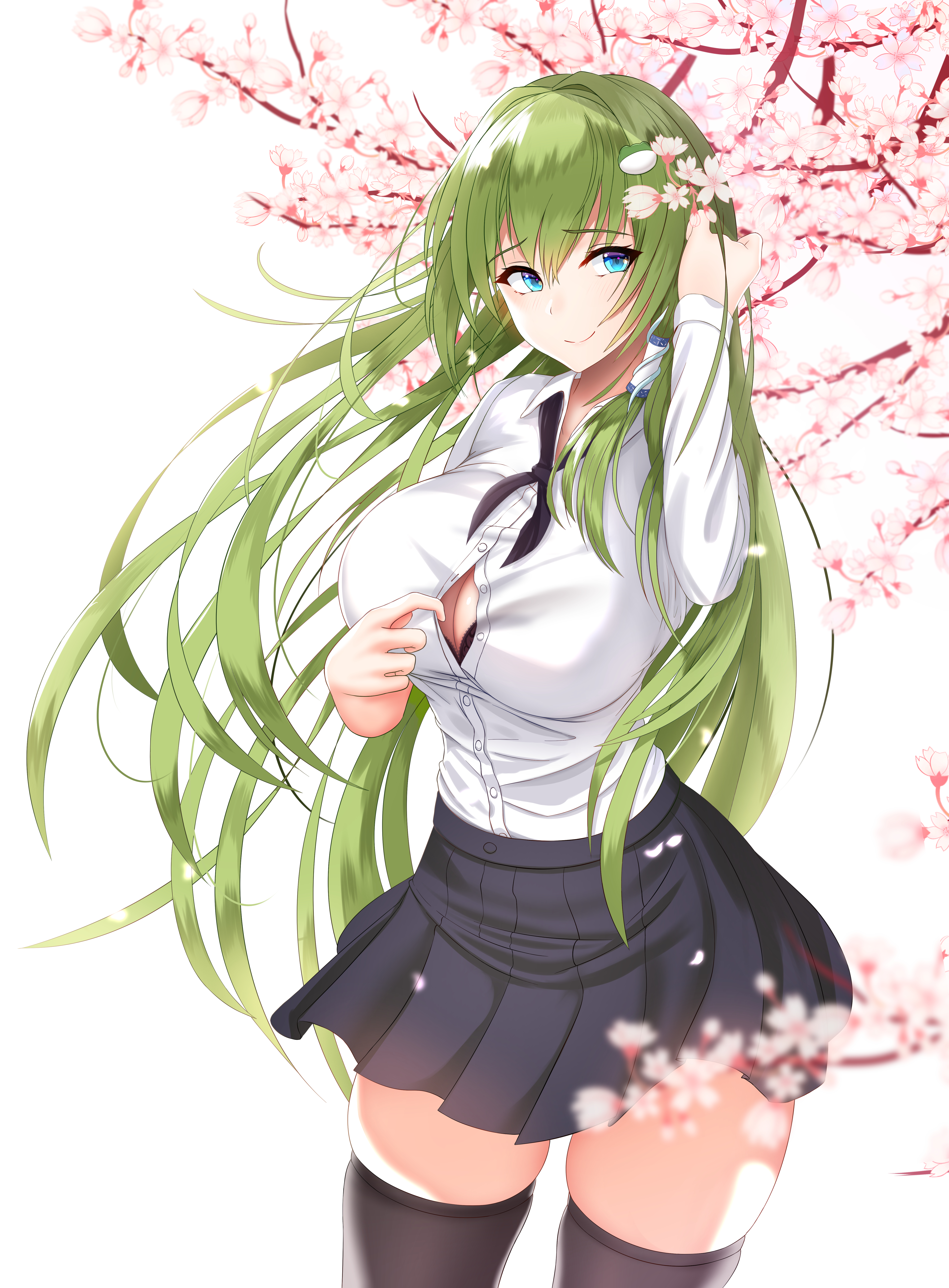 Anime Girls Touhou Kochiya Sanae Damao Yu Green Hair Long Hair Skirt Smiling Cherry Blossom 4961x6732