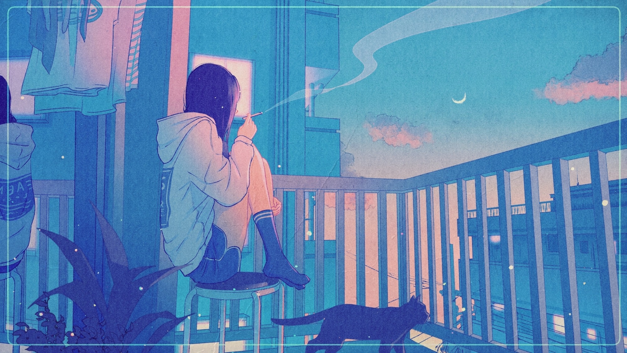 Anime Anime Girls Dark Hair Long Hair Cigarettes Smoking Black Cats Night Sky Sitting Flowerpot Balc 2000x1125