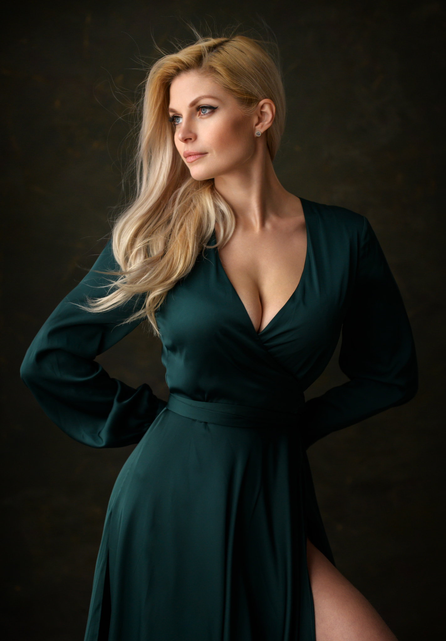 Dennis Drozhzhin Women Blonde Looking Away Dress Simple Background Green Clothing 1424x2048