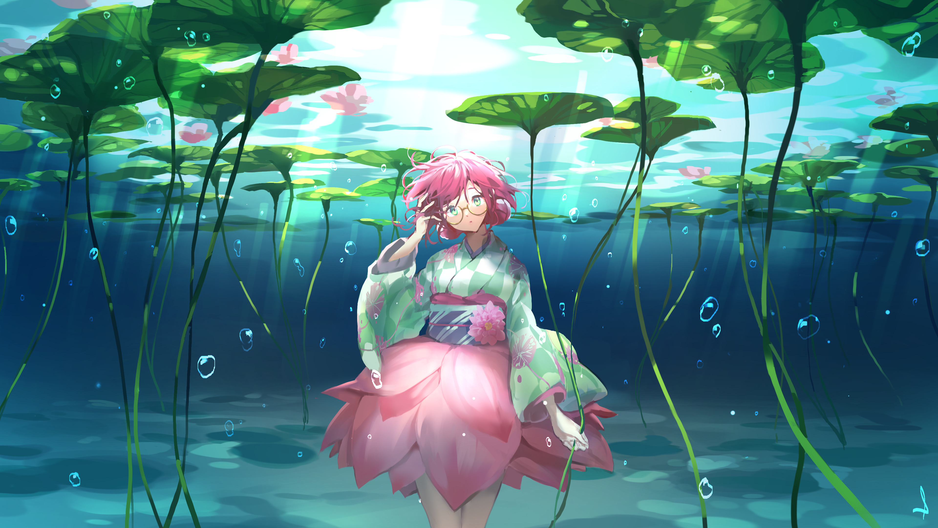 Anime Anime Girls Lotus Flowers Water Original Characters Shijohane Underwater Pink Hair Aqua Eyes G 3840x2160