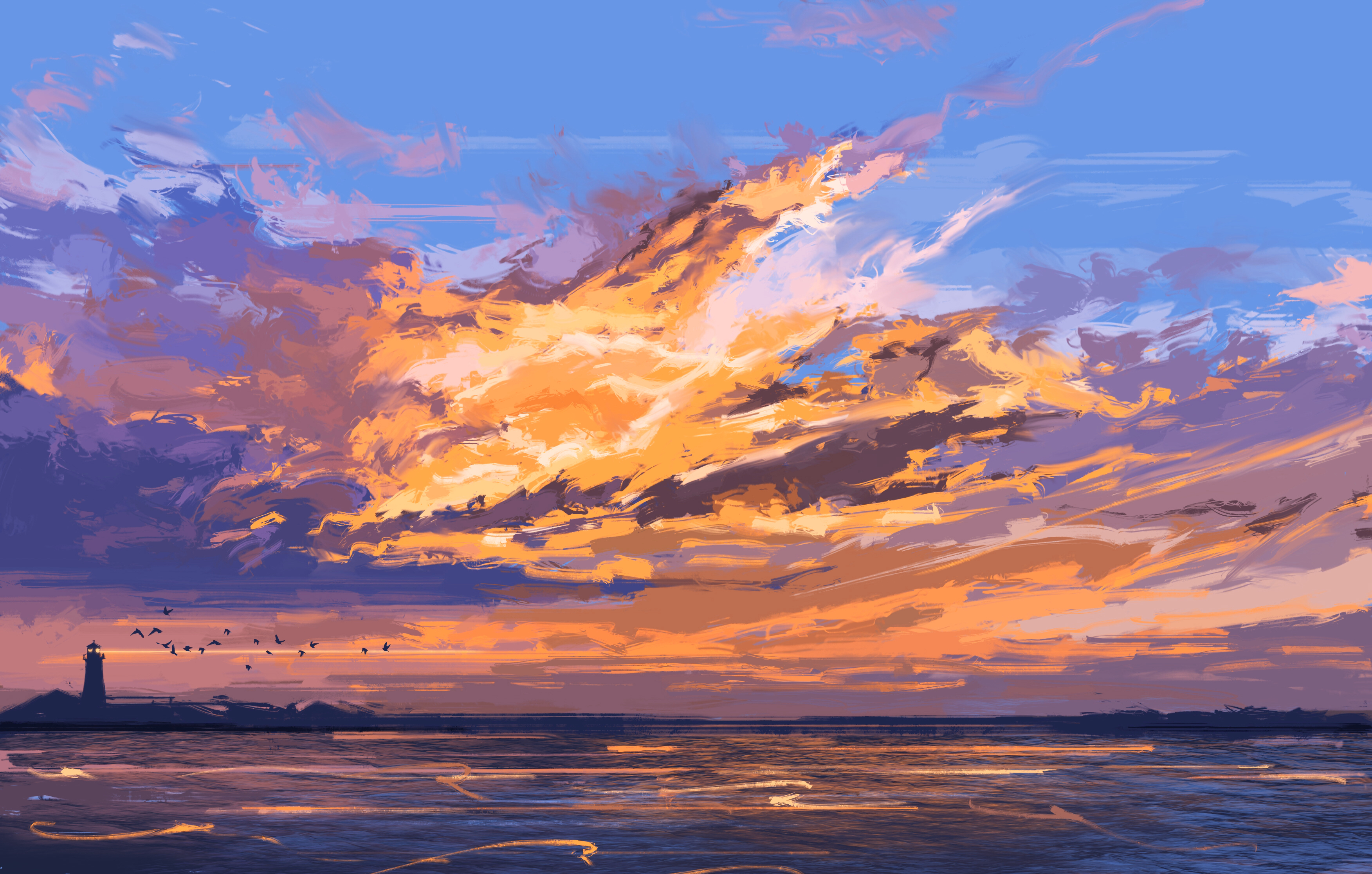 Digital Art Sea Sky Lighthouse Clouds Landscape Fangpeii 3505x2232