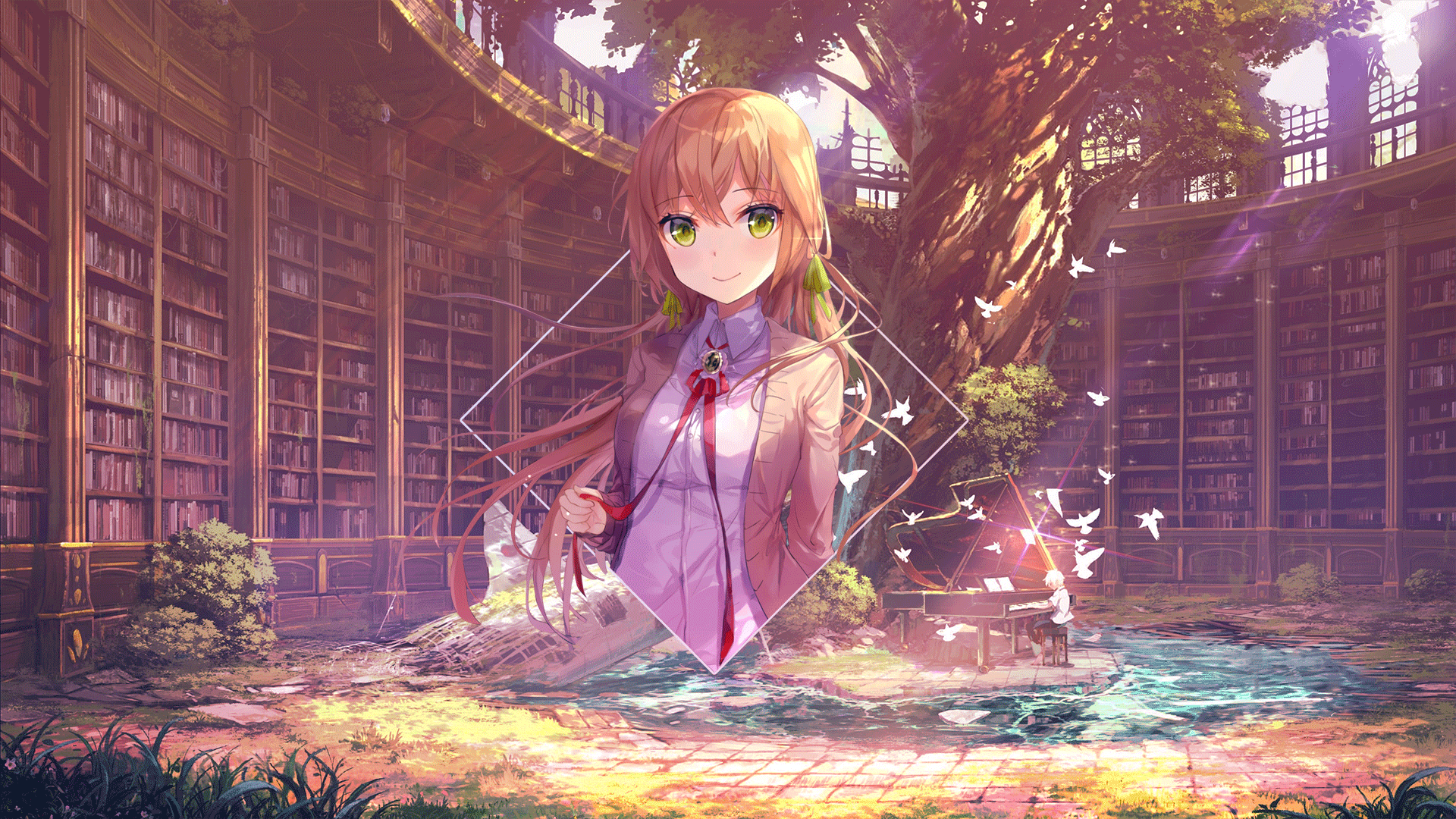 Anime Anime Girls Books Trees Piano Photoshop Anime Landscape Digital Art Picture In Picture Piture  1920x1080
